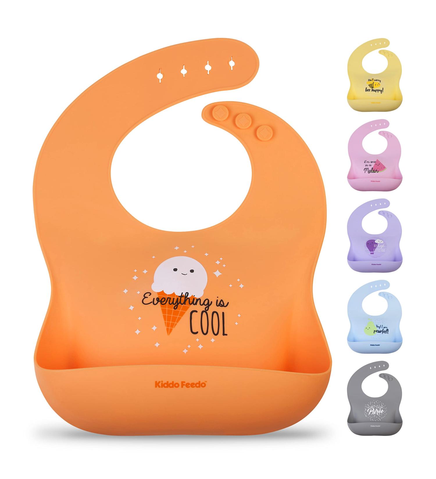 Kiddo Feedo Roll Up Bib for Baby & Toddler | Easy Clean Mealtime Bib with Pocket | Comfortable Orange Bib for Mess-Free Dining - Buy Online on GoSupps.com