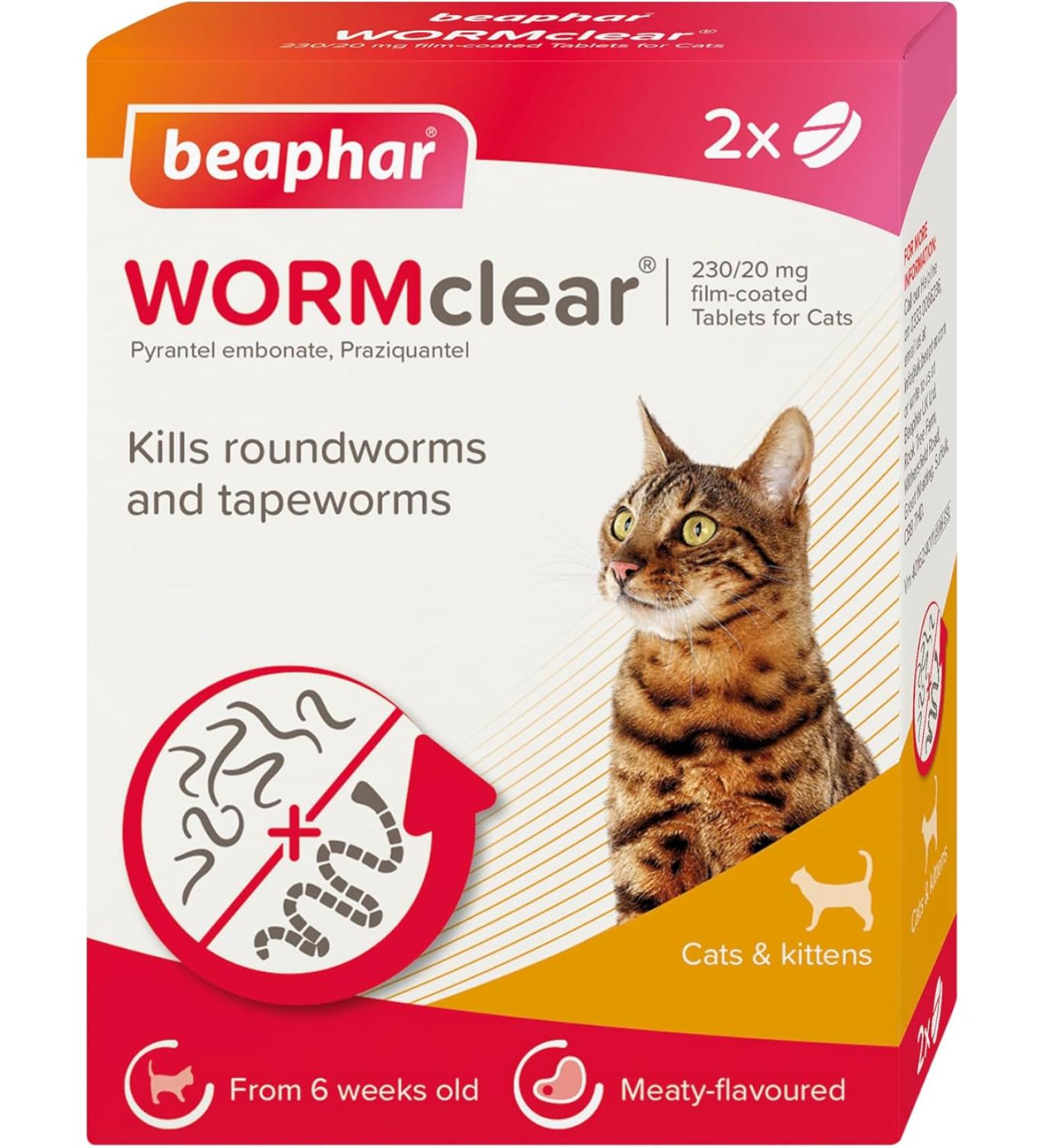 Beaphar | WORMclear Tablets for Cats | Kills All Common UK Intestinal Worms (Roundworms & Tapeworms) | Vet Strength Treatment | Meat-Flavoured | 2 Tablets (Pack of 1) 2 Tablets (Pack of 1) Single - Buy Online on GoSupps.com