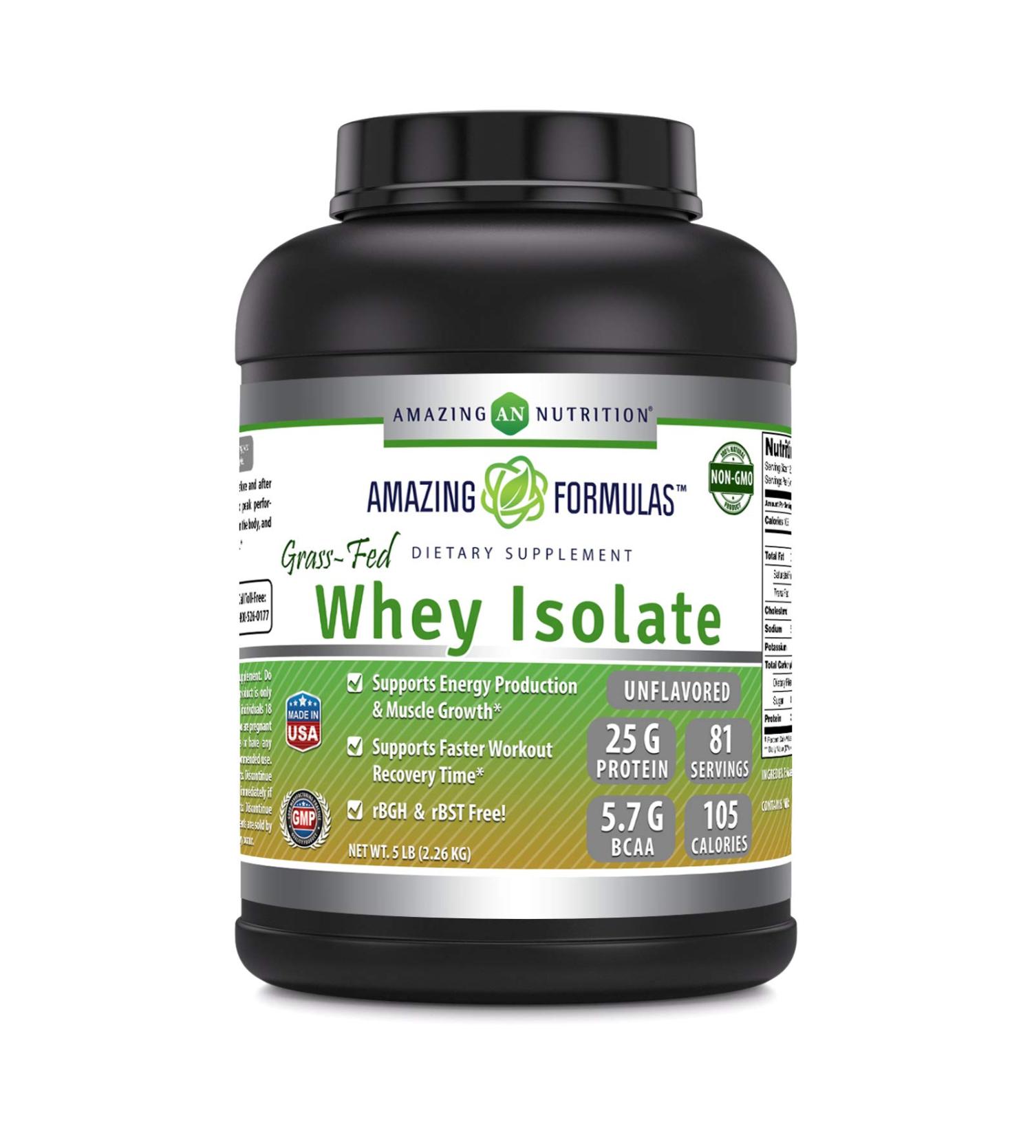 Amazing Formulas Grass-Fed Whey Protein Isolate - 25g Protein 5.7g BCAA Unflavored 5lbs - Premium Quality Made in USA - Buy Online on GoSupps.com