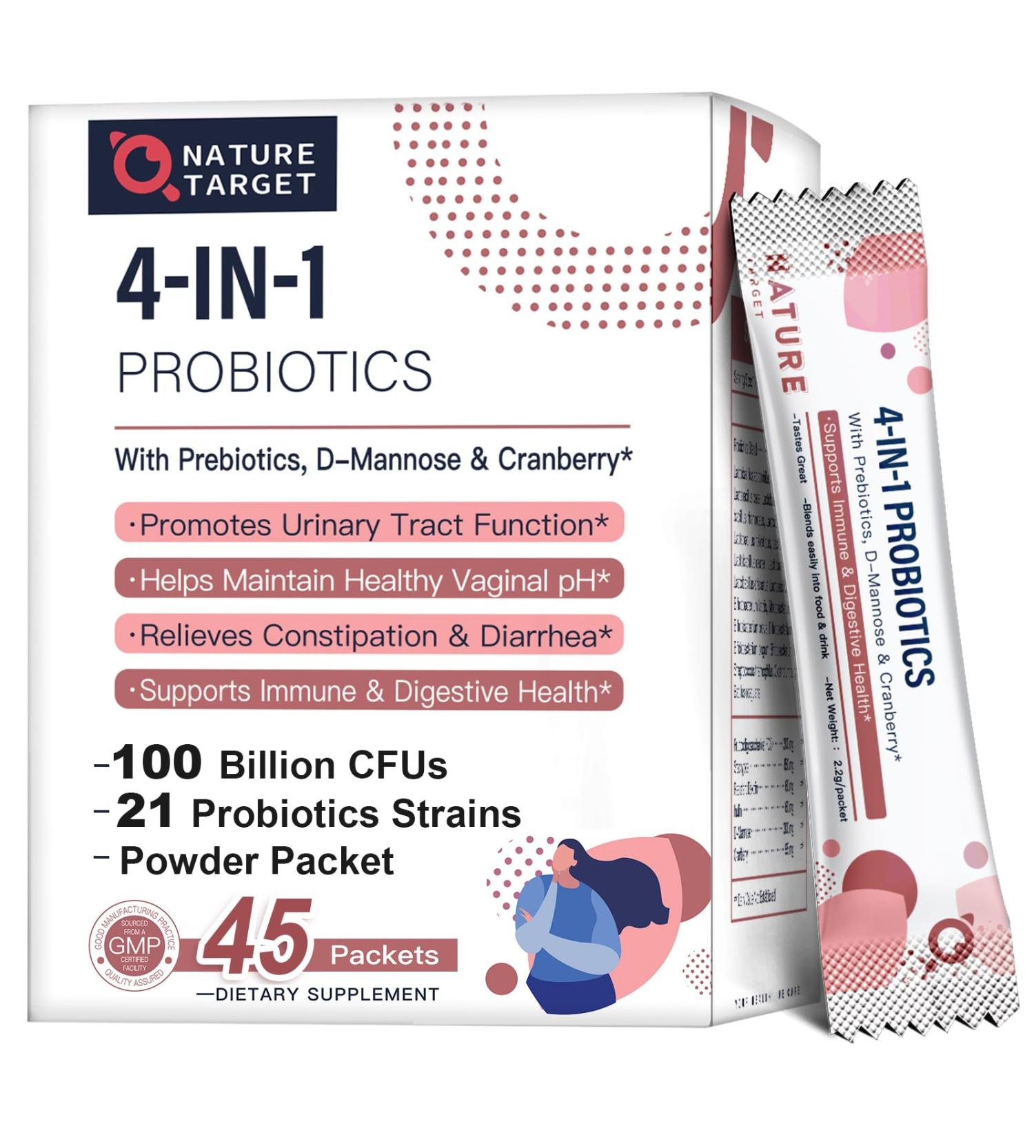 NATURE TARGET Probiotics-for-Women Prebiotics-and-Probiotics-Powder 100-Billion-CFUs 45-Day-Supply Women's-Probiotic with D-Mannose and Cranberry for Urinary Tract/Gut/Digestive Health 3.6 Ounce (Pack of 1) - Buy Online on GoSupps.com