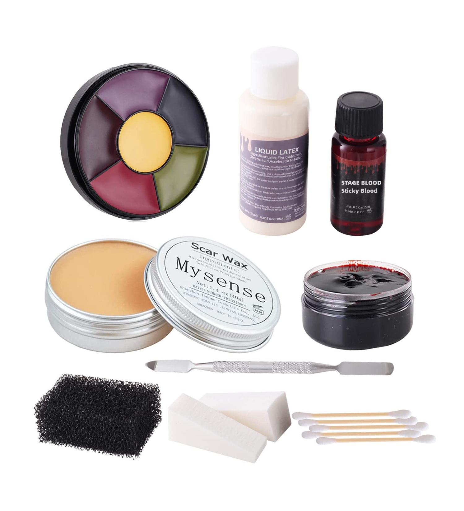 Mysense Liquid Latex Scar Wax SFX Makeup Kit - 6 Color Bruise Wheel, Coagulated Blood Gel, Spatula, Sponges, Q-tips - for Fake Scars, Wounds, Burns - Face & Body Paint, Stage Blood - Complete Set - Buy Online on GoSupps.com