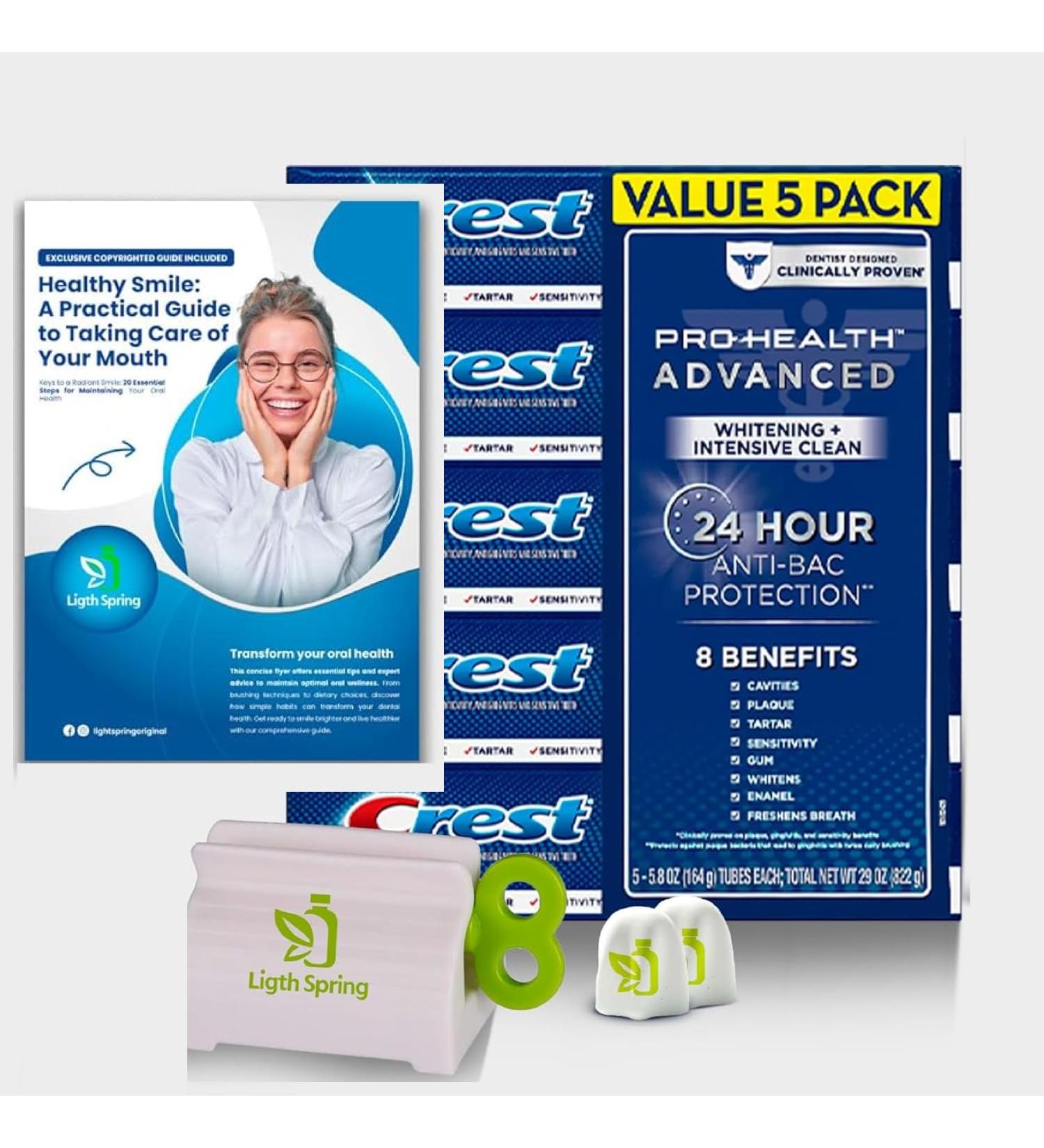 Crest Pro-Health Advanced White Toothpaste (5.8 oz 5 pk) - Teeth Whitening Kit with Gift Bundle: Smile Light Spring Guide Squeezer & No-Mess Caps | International Shipping Available - Buy Online on GoSupps.com