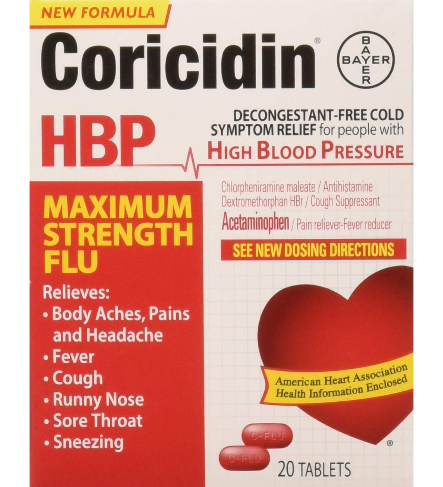 Coricidin HBP Maximum Strength Flu 20-Count - Fast Relief for High Blood Pressure Sufferers - Buy Online on GoSupps.com