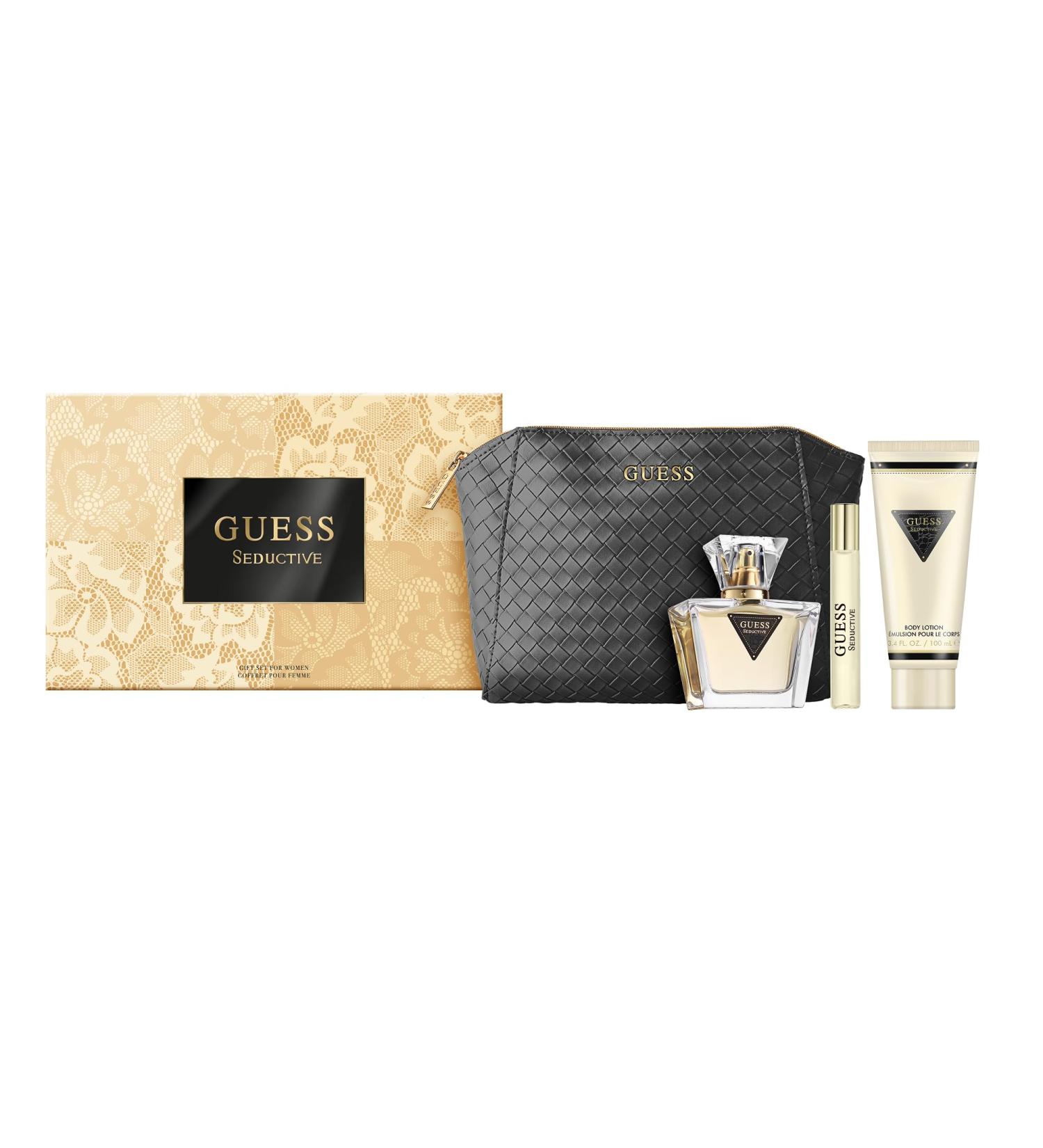 GUESS Seductive Women Eau de Toilette 4 Piece Gift Set - Perfume Spray 2.5 Fl. Oz. Travel Size Perfume Spray 0.5 Fl. Oz. 3.4 Fl. Oz. Body Lotion & Pouch - Buy Online on GoSupps.com