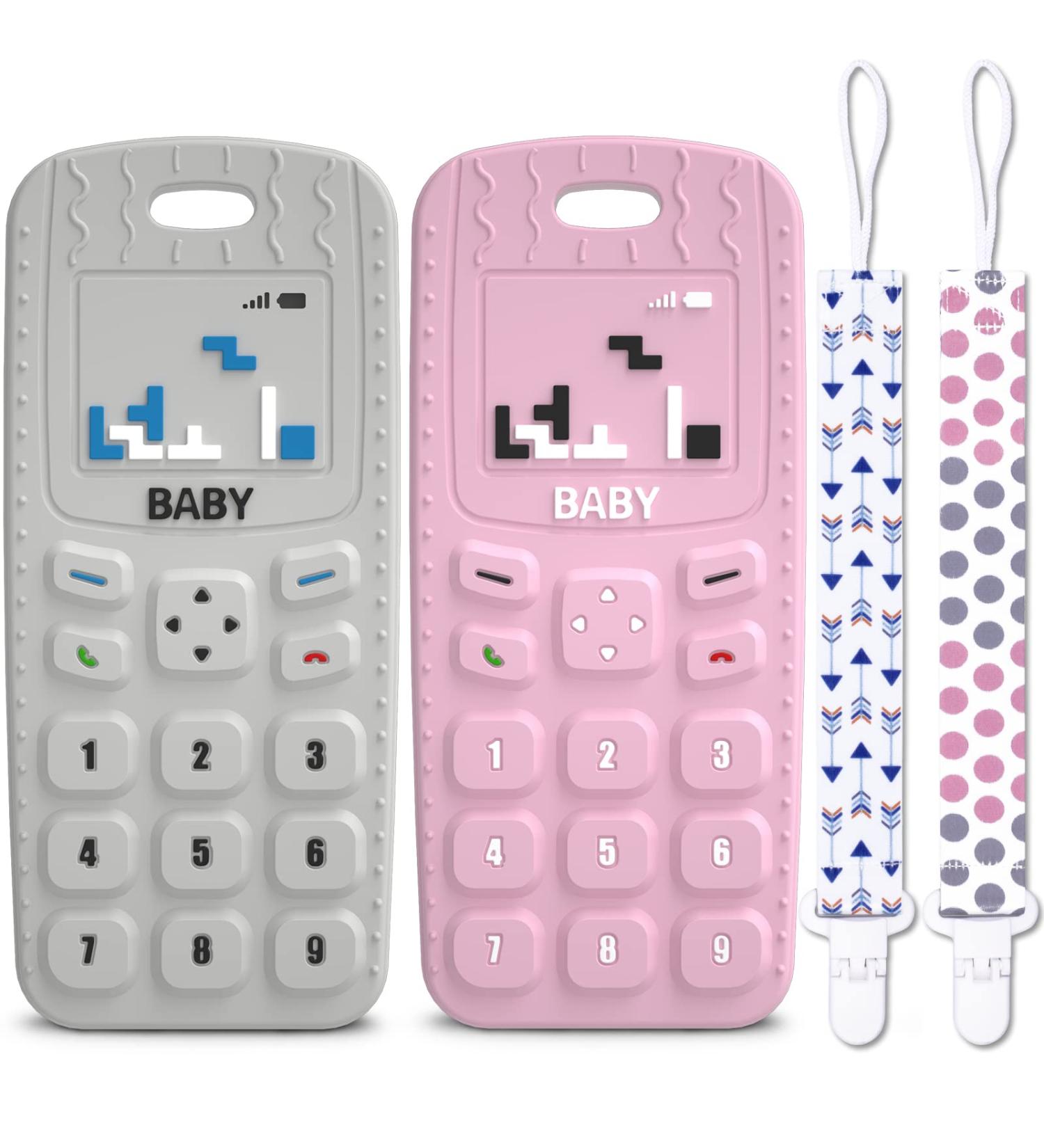 HOPEEYE 2 Pack Silicone Teething Toys for Babies 6-18 Months - BPA Free Mobile Phone Shape Chew Toys - Sensory Toys Set - Pink & Grey - Buy Online on GoSupps.com