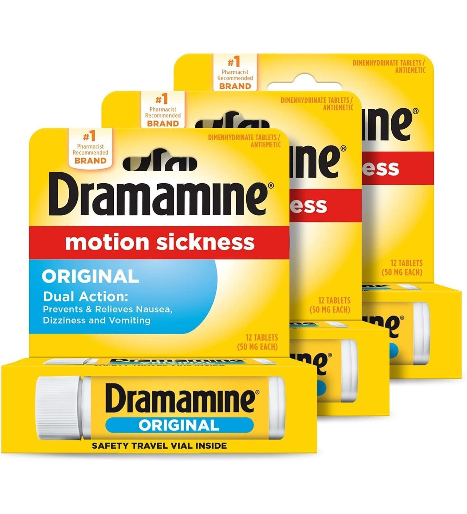 Dramamine Motion Sickness Relief 12ct x 3 - Fast-Acting Formula - Buy Online on GoSupps.com