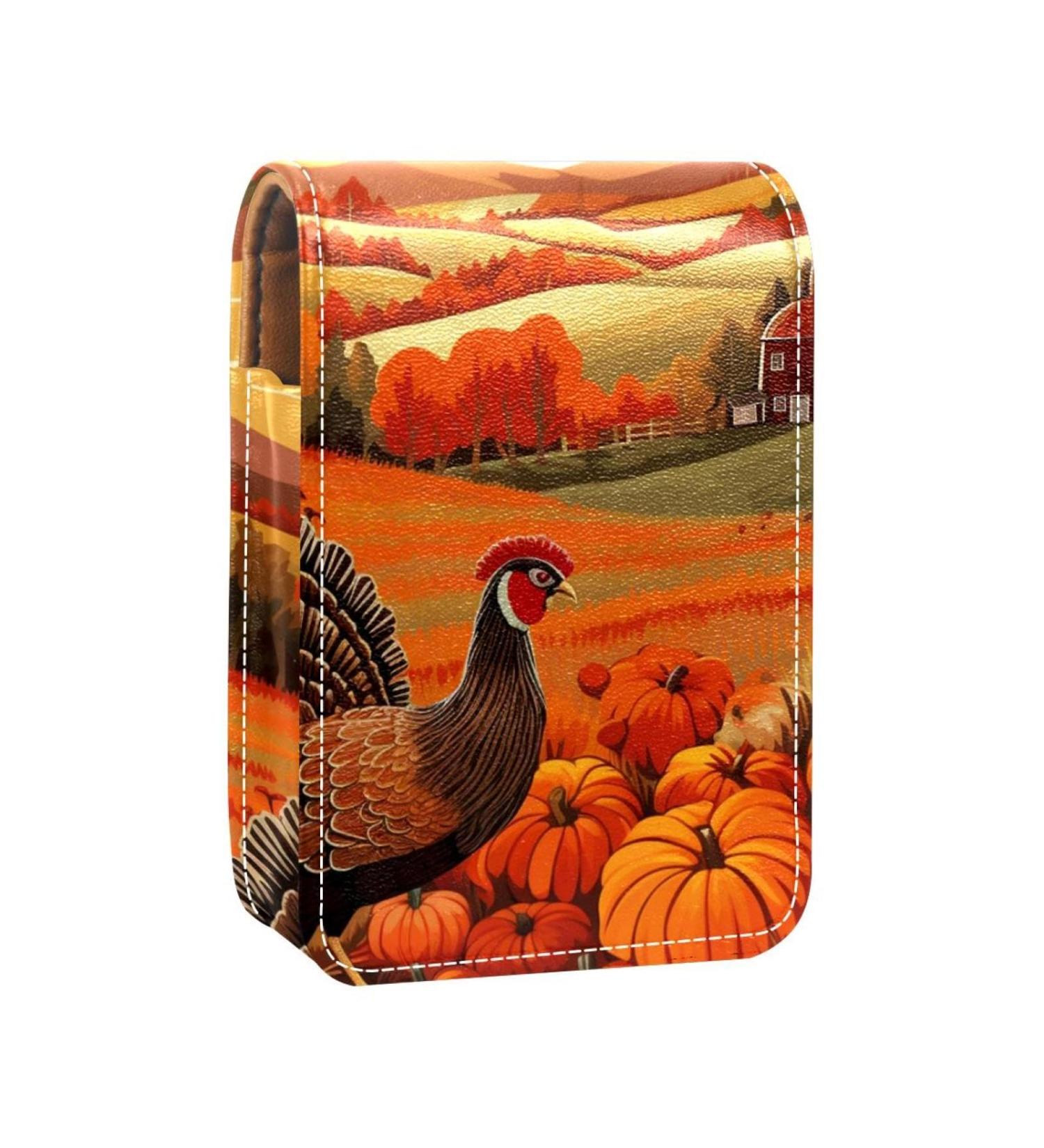 Travel Lipstick Organizer Case | Portable Makeup Bag with Mirror | Autumn Pumpkins & Turkey Design - Buy Online on GoSupps.com