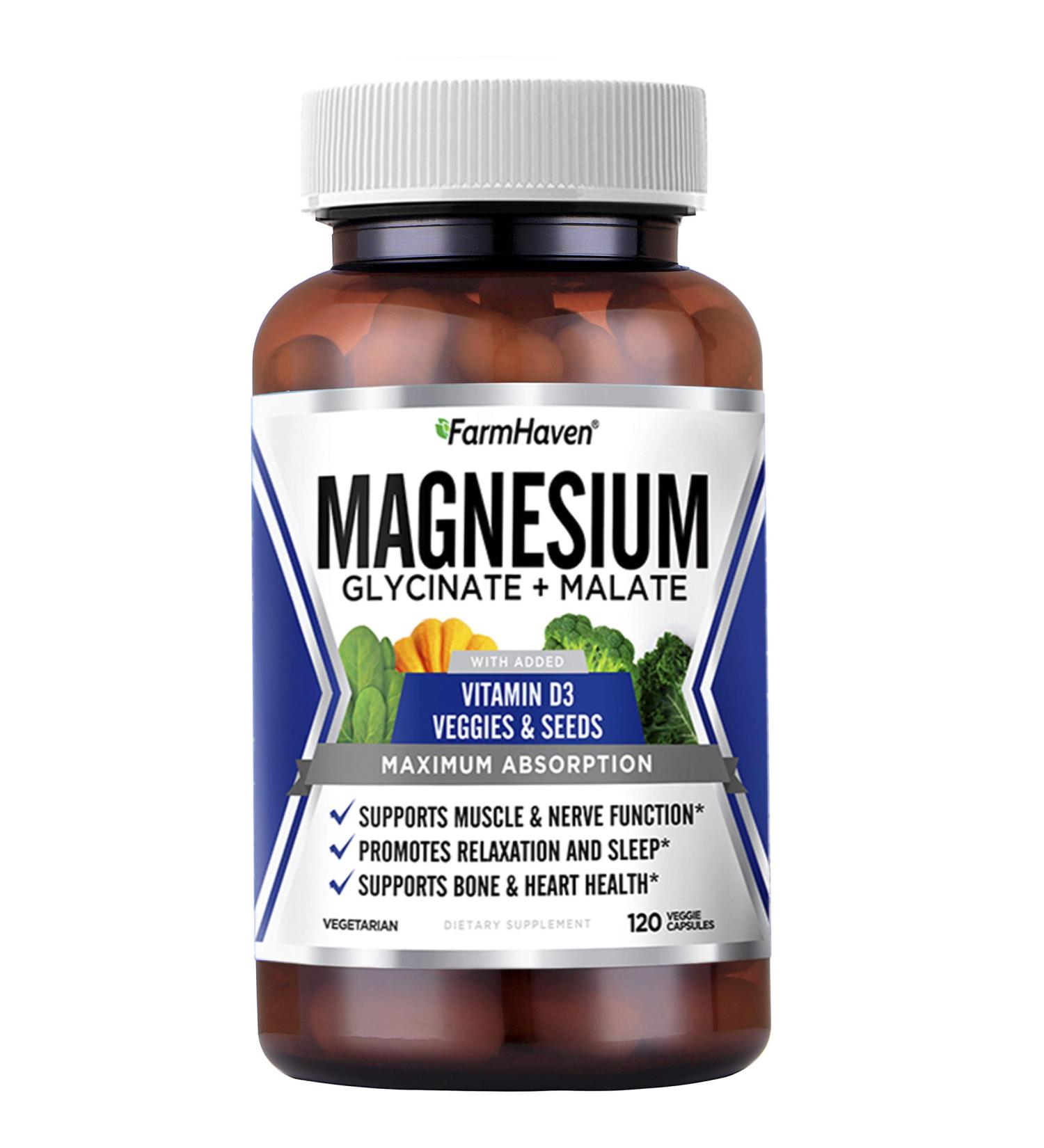 FarmHaven Magnesium Glycinate & Malate Complex with Vitamin D3 - 100% Chelated for Max Absorption - Vegan 120 Capsules for Sleep, Leg Cramps Relief, Anti-Stress & Muscle Cramps - 60 Days Supply - Buy Online on GoSupps.com