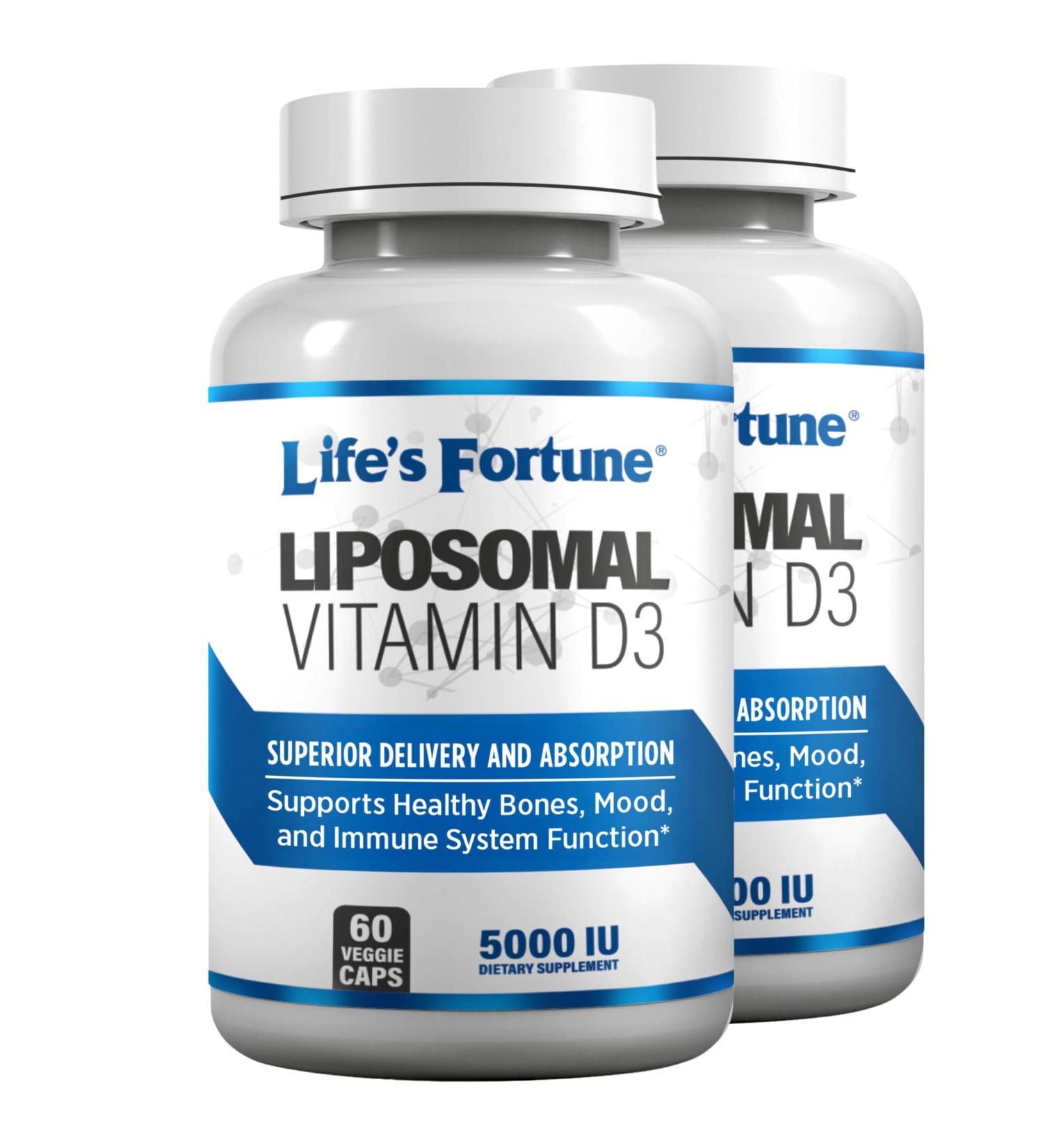 Life's Fortune Liposomal Vitamin D3 5000 IU Supplement Non-GMO High Absorption Supports Healthy Bones Mood and Immune System Function 60 (2 Pack) Caps - Buy Online on GoSupps.com