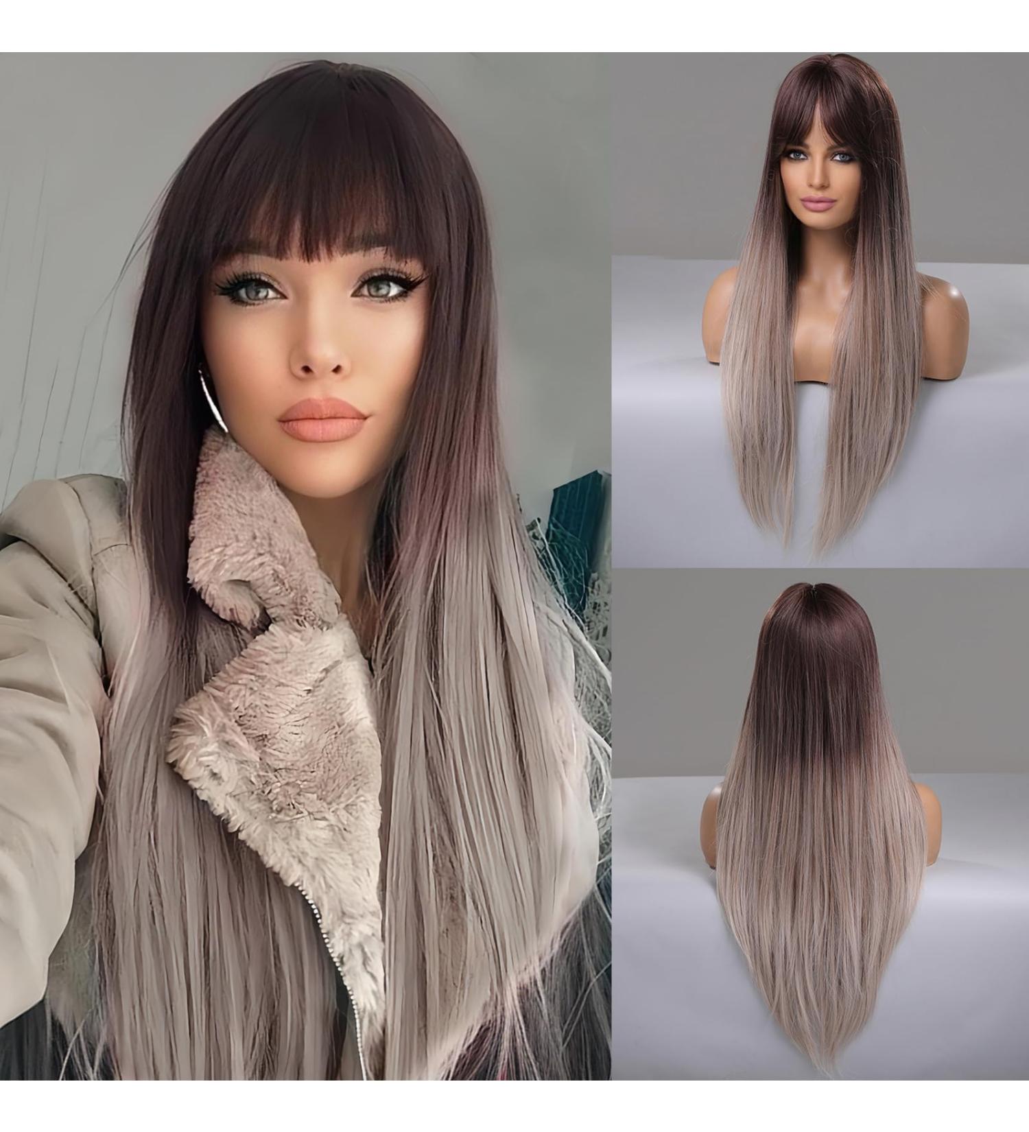 Buy Testar 28 Inch Ombre Brown Gray Wig - Long Straight Heat-Resistant Synthetic Fiber Wig for Women | Perfect for Daily Party & Cosplay Use - Buy Online on GoSupps.com