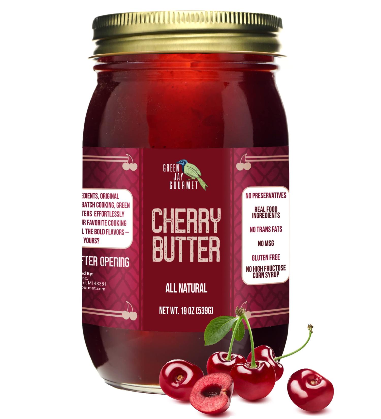 Green Jay Gourmet Cherry Butter - All-Natural, Gluten-Free Fruit Spread - Cherry Spread with Fresh Cherries - Gourmet Fruit Butter - No Corn Syrup, Preservatives or Trans-Fats - 19 Ounces