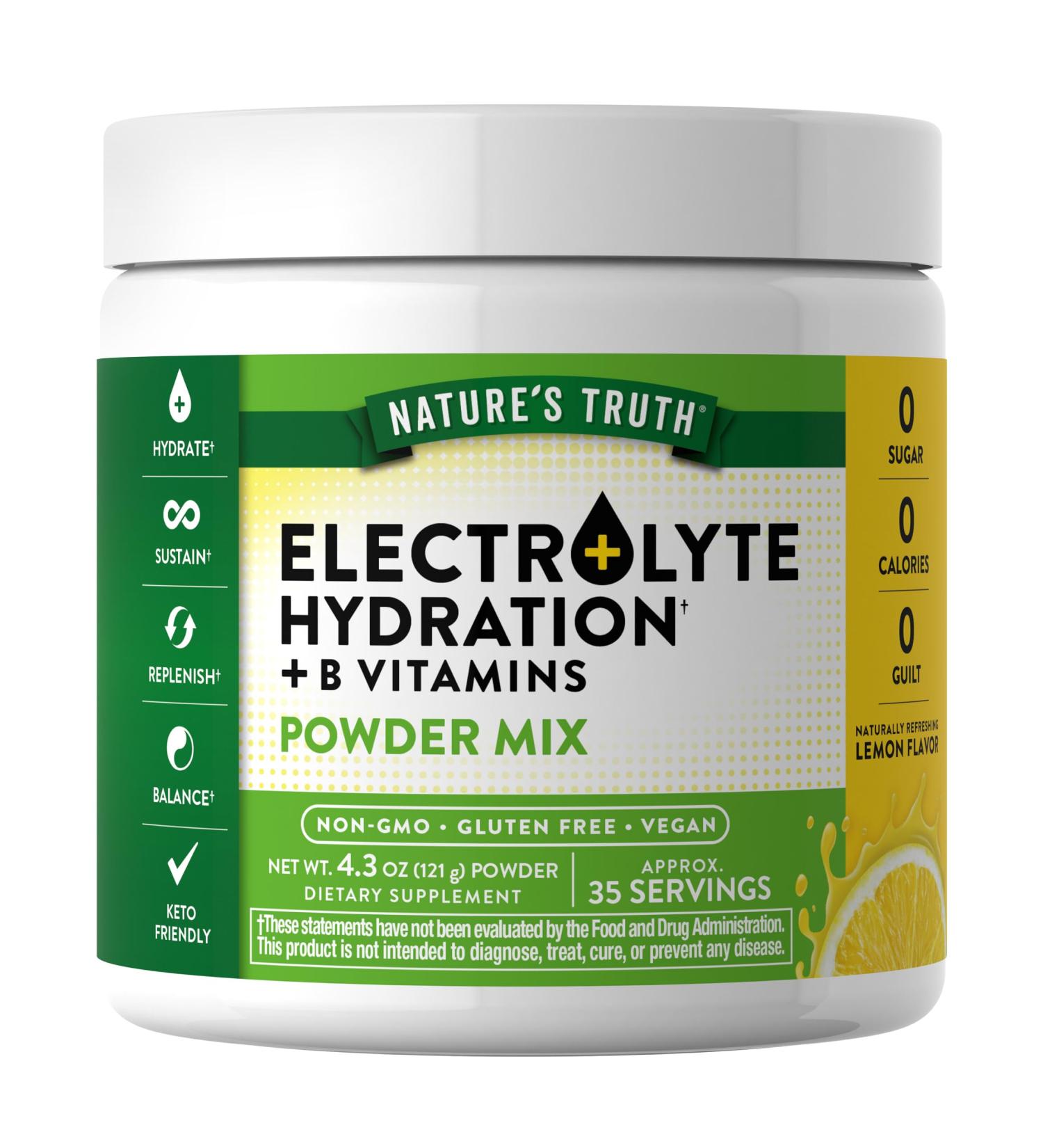 Nature's Truth Electrolytes Powder | Sugar-Free Vegan & Non-GMO | Gluten-Free Hydration Supplement with B Vitamins | Refreshing Lemon Flavor - Buy Online on GoSupps.com