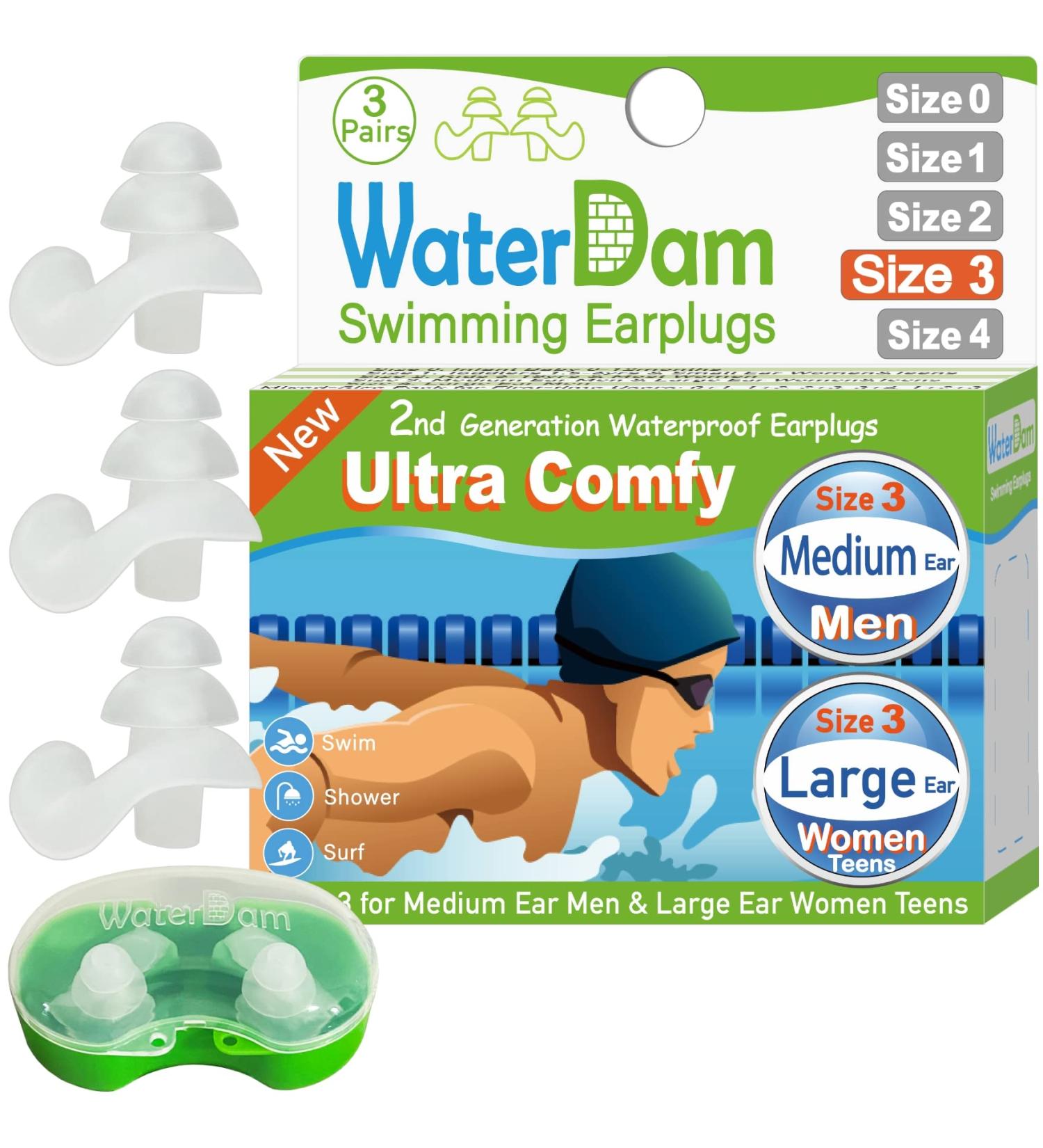 Buy Waterdam Swimming Earplugs - Waterproof Ultra-Comfortable Prevent Swimmer's Ear - Medium Size 3 for Men Women & Teens - Clear 1 Pack - Buy Online on GoSupps.com