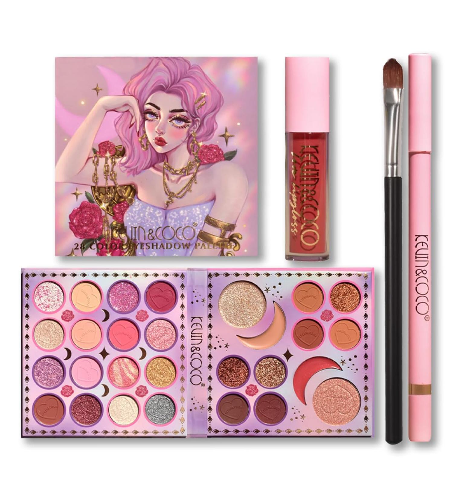 Buy Rose Girl Theme Eyeshadow Palette Set - 28 Colors Lipstick Brush & Lip Liner - Waterproof & Smudge-Proof | KEVIN&COCO - Buy Online on GoSupps.com