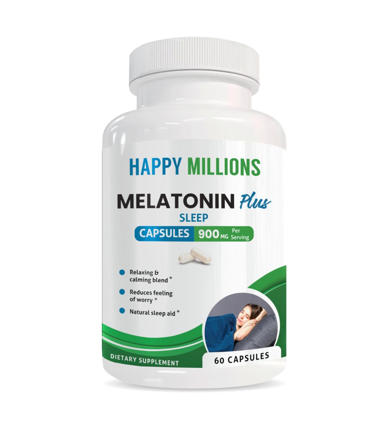HAPPY MILLIONS Melatonin Plus | Sleep Support 10mg Melatonin with Valerian Root, L-Theanine, Ashwagandha, Magnesium & 5-HTP Relaxation & Calm for Men and Women 60 Capsules - Buy Online on GoSupps.com