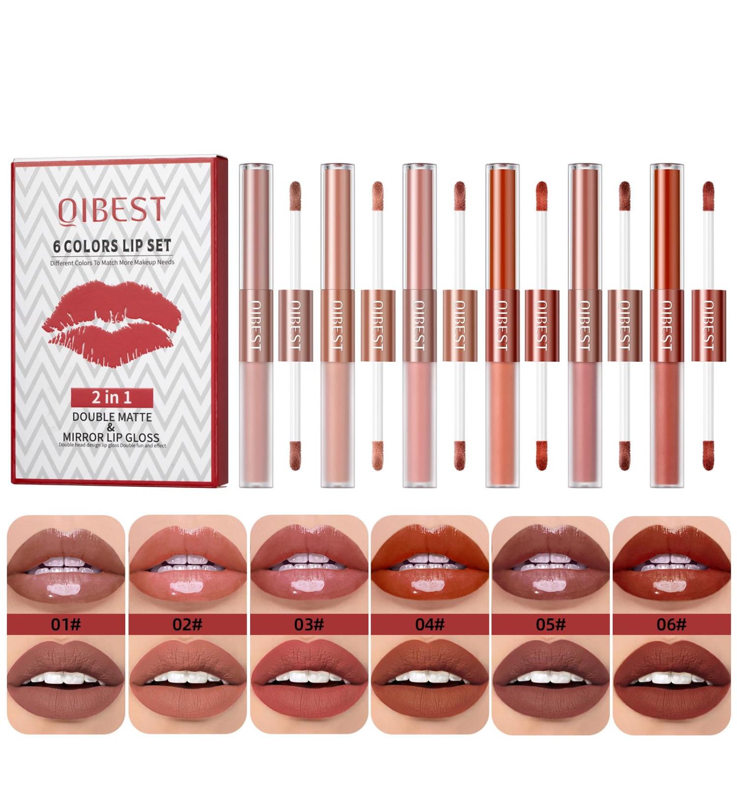 Rechoo 2in1 Lipstick Set - 6Pcs Double Brush Matte & Glossy Liquid Lipstick for Women | Waterproof Long-Lasting Nude & Rosa Red Lip Ink - A-Set A - Buy Online on GoSupps.com