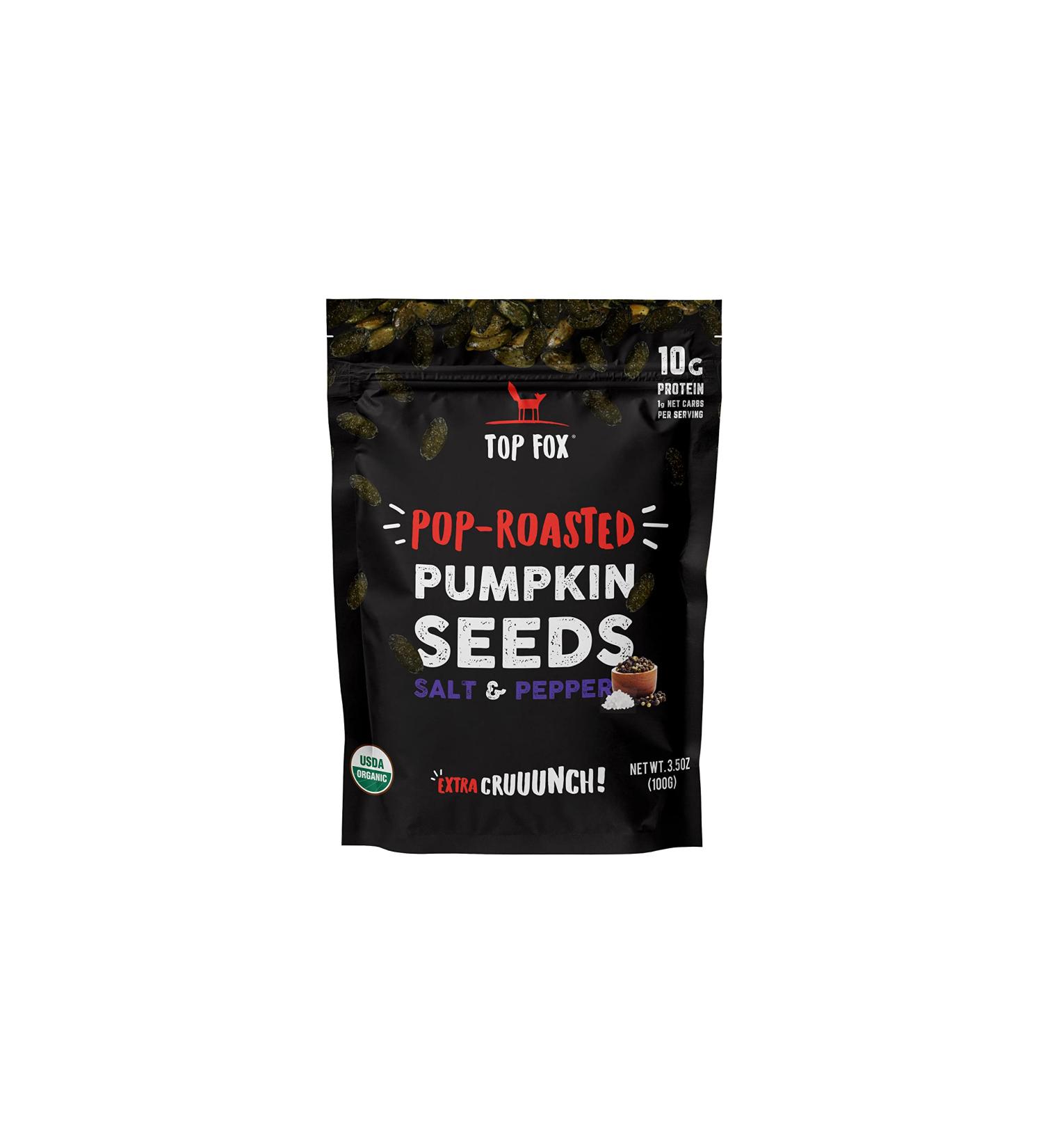Top Fox Organic Pop-Roasted Pumpkin Seeds - Gluten Free Keto Vegan Snacks (Salt & Pepper, 3.5 oz, 6 Pack) - Buy Online on GoSupps.com
