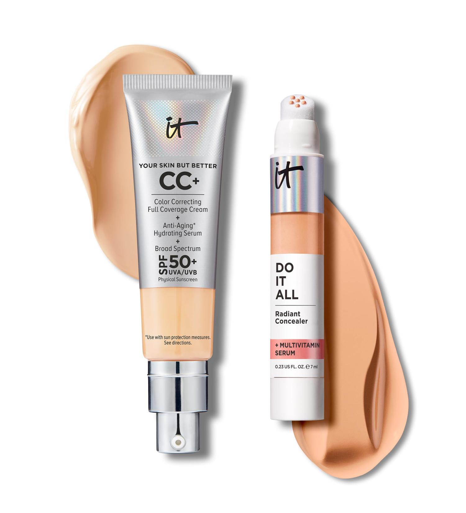 IT Cosmetics CC+ Cream with SPF 50+ Natural Finish Full Coverage Foundation (Light Medium - 1.08 fl oz) & Do It All Radiant Concealer Multivitamin Serum Makeup (305 Medium Neutral - 0.2 fl oz) - Buy Online on GoSupps.com