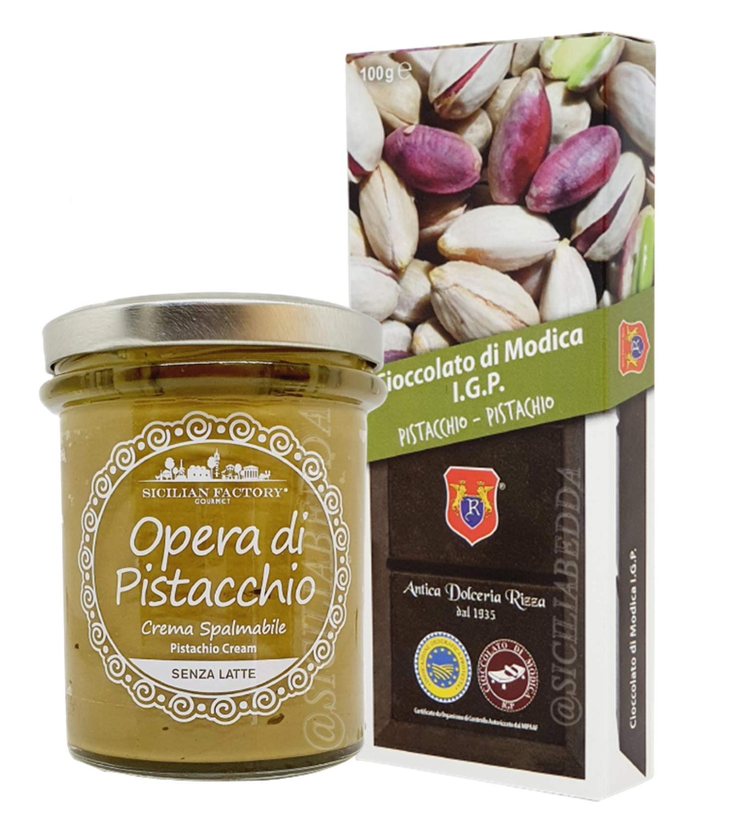  sicilia bedda Sicilia Bedda - Pistachio cream 220 g with Modica IGP chocolate with pistachio Gr. 100 - Gluten Free Latex Free and Vegan Products (1 Cream with 1 Chocolate) - Buy Online on GoSupps.com