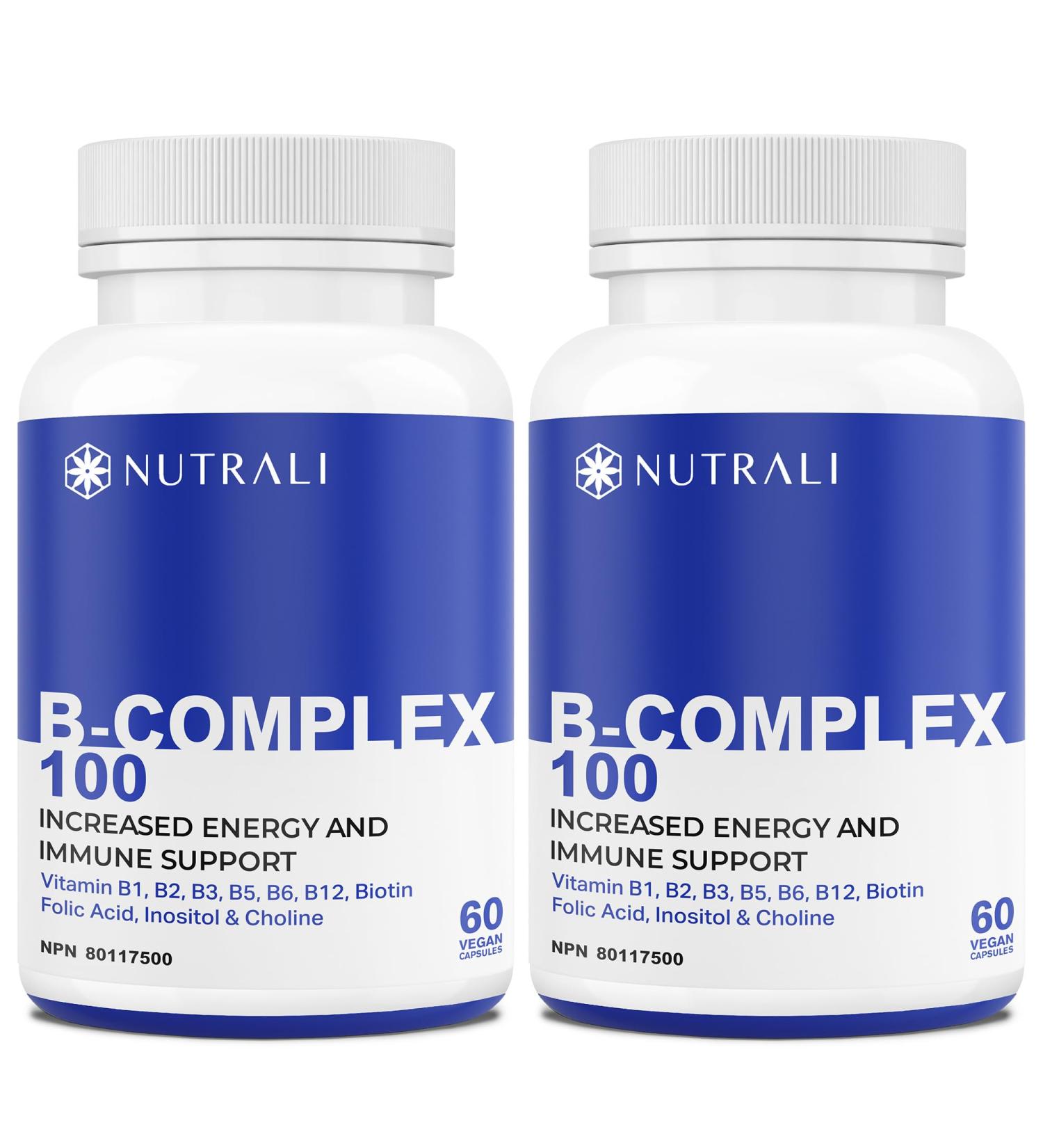 NEW B-COMPLEX 100 High Potency Capsules 9 Complete B Vitamins - B1 B2 B3 B5 B6 B7 B9 B10 B12 for Men and Women Reduced Stress Improved Immune Support Hair Skin Nail & Eye Health and Brain Function Gluten Free Non-GMO Vegan - (2 Pack) 60 Capsules 60 count  - Buy Online on GoSupps.com