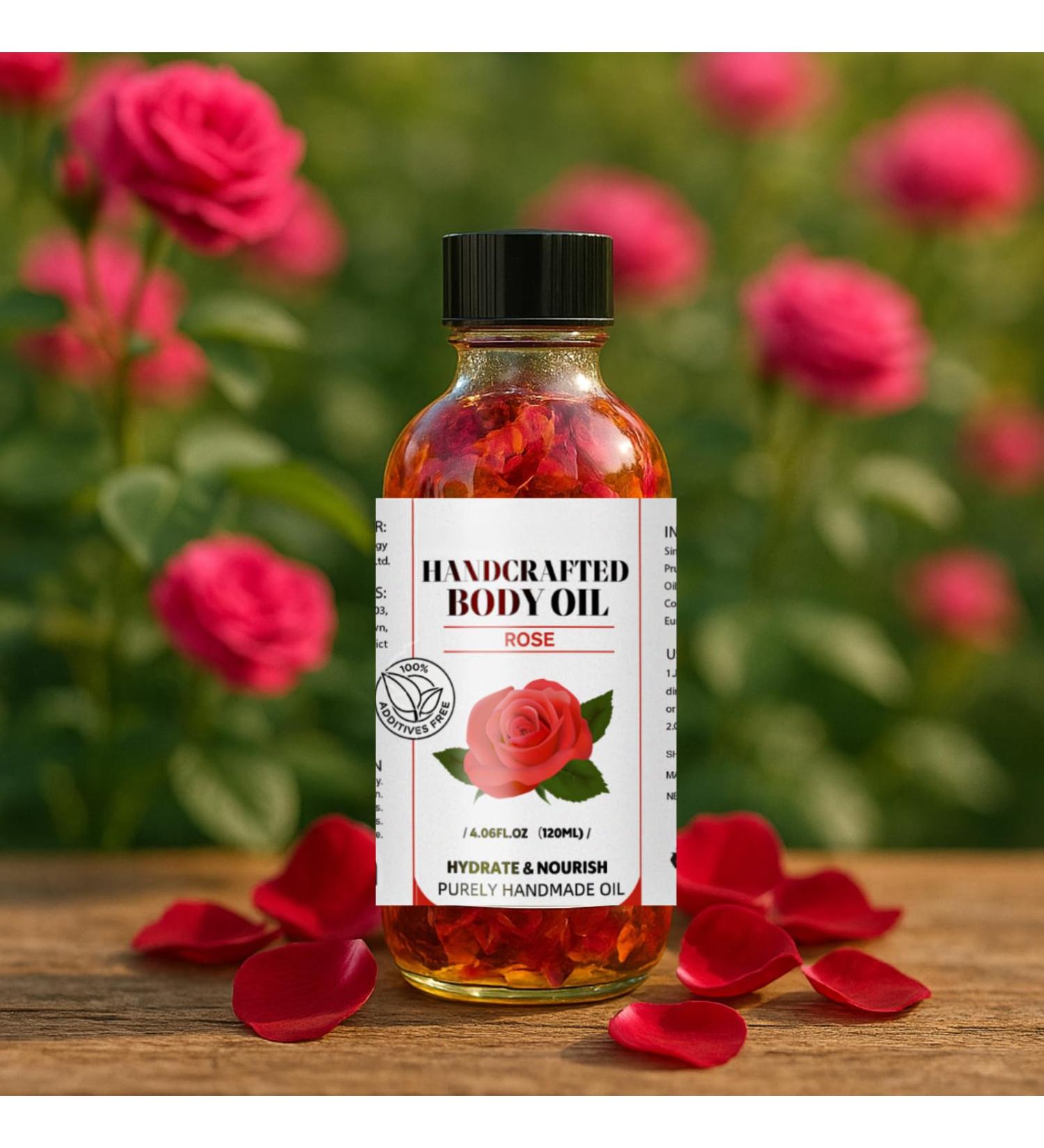 Handcrafted Rose Body Oil with Jojoba Sweet Almond & Coconut Oils Hydrating & Nourishing Multi-Use Moisturizer for Body Massage & Dry Skin Infused with Real Rose Petals 4.06 fl oz - Buy Online on GoSupps.com