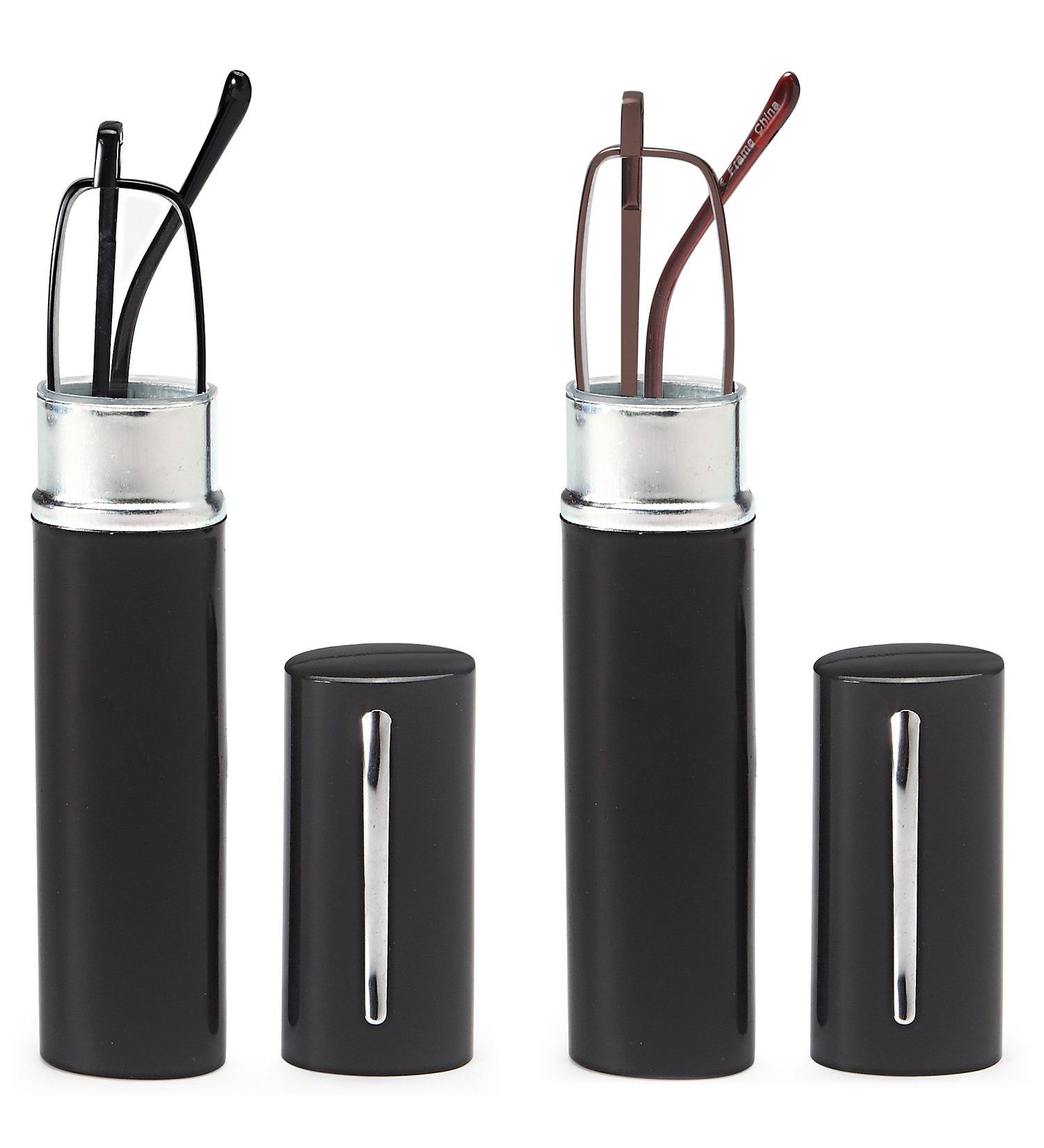 DOUBLETAKE Reading Glasses - 2 Pairs Slim Pocket Readers with Pen Clip Case Black Brown 2.5 x