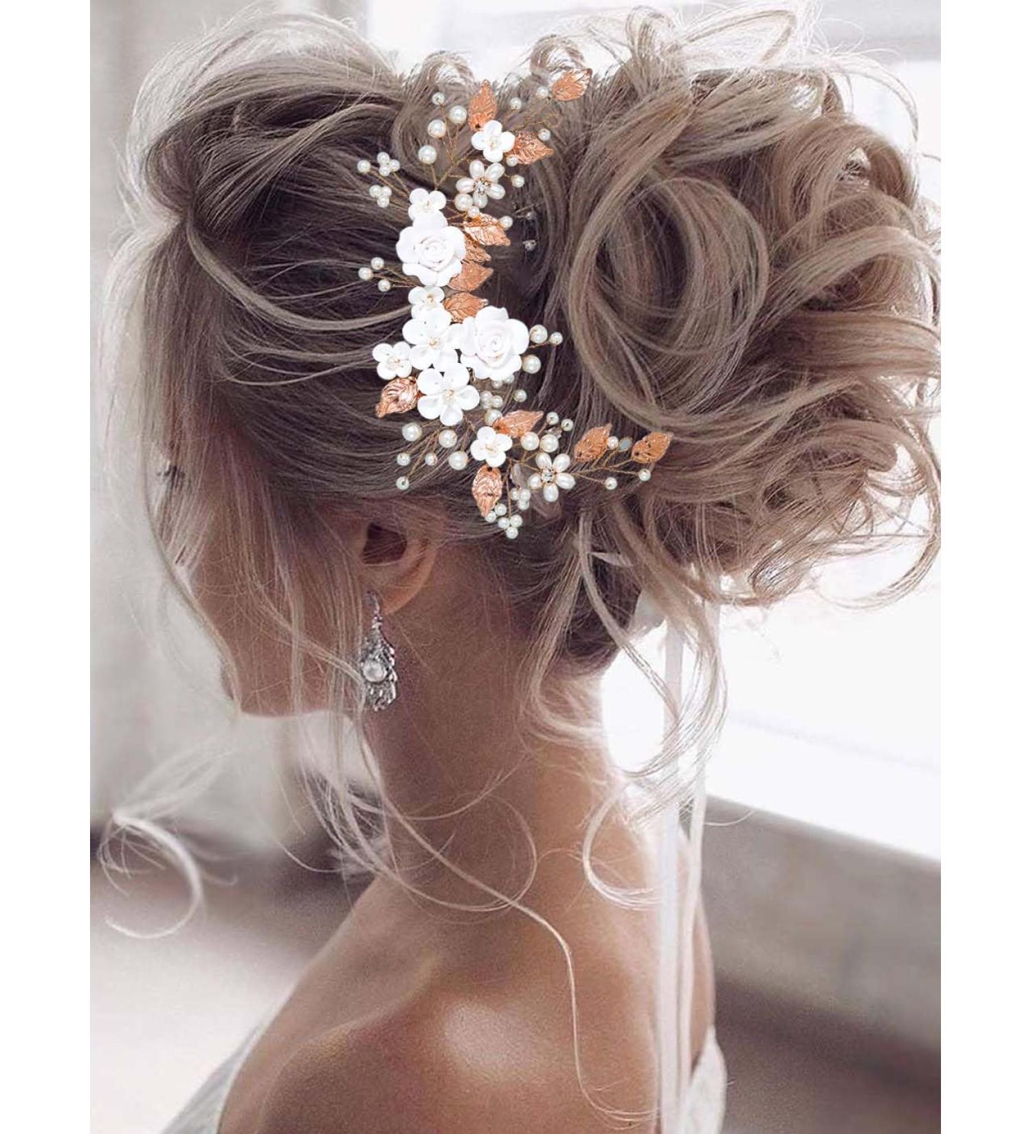 Vakkery Flower Bridal Hair Vine - Rose Gold Pearl Hair Accessories & Headband for Women & Girls - Buy Online on GoSupps.com
