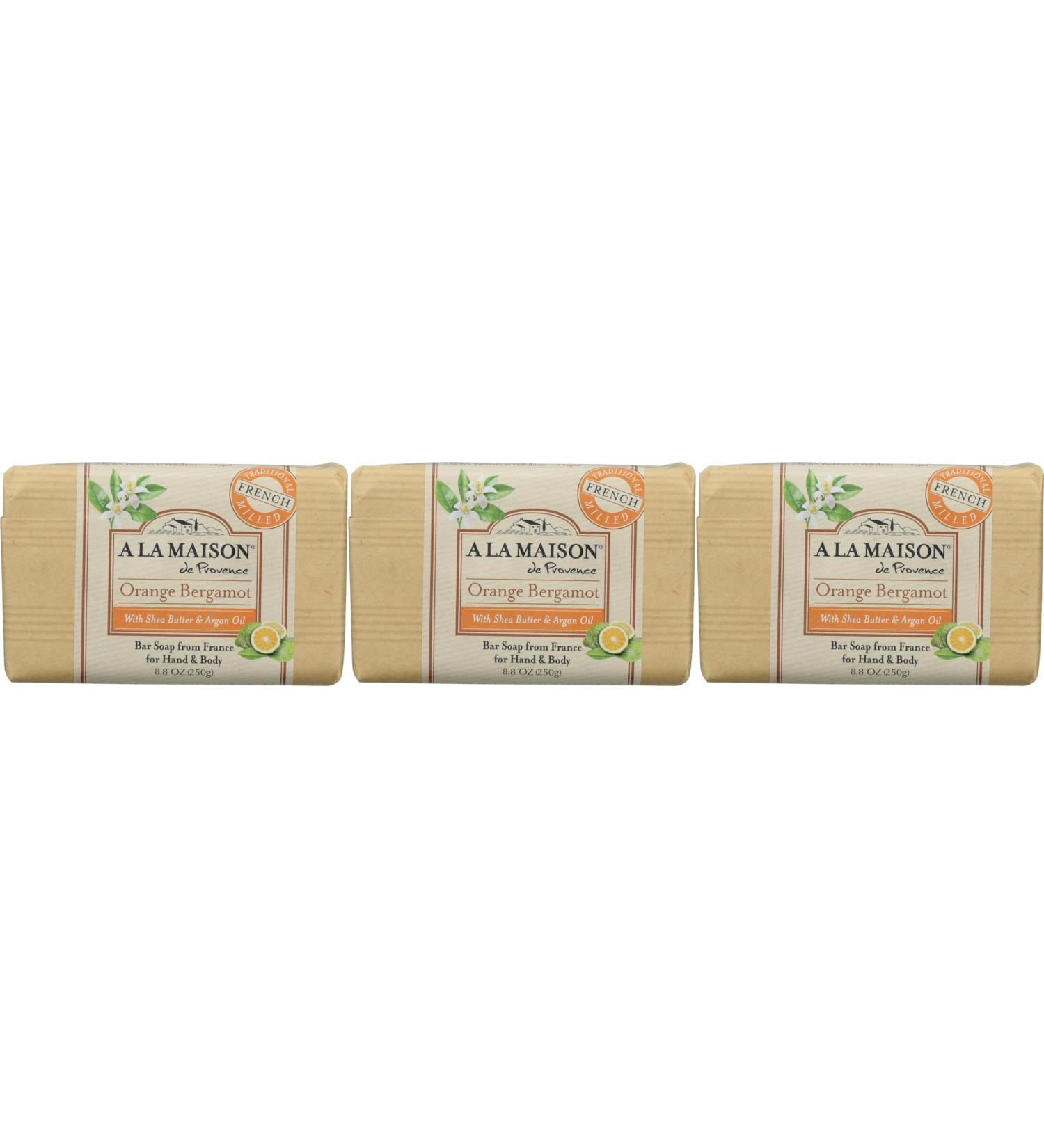 A LA MAISON Triple French Milled Bar Soap 8.8 Ounces - Natural Moisturizing Hand Soap Bar (3 Bar of Soap 8.8 Ounces Orange Bergamot)