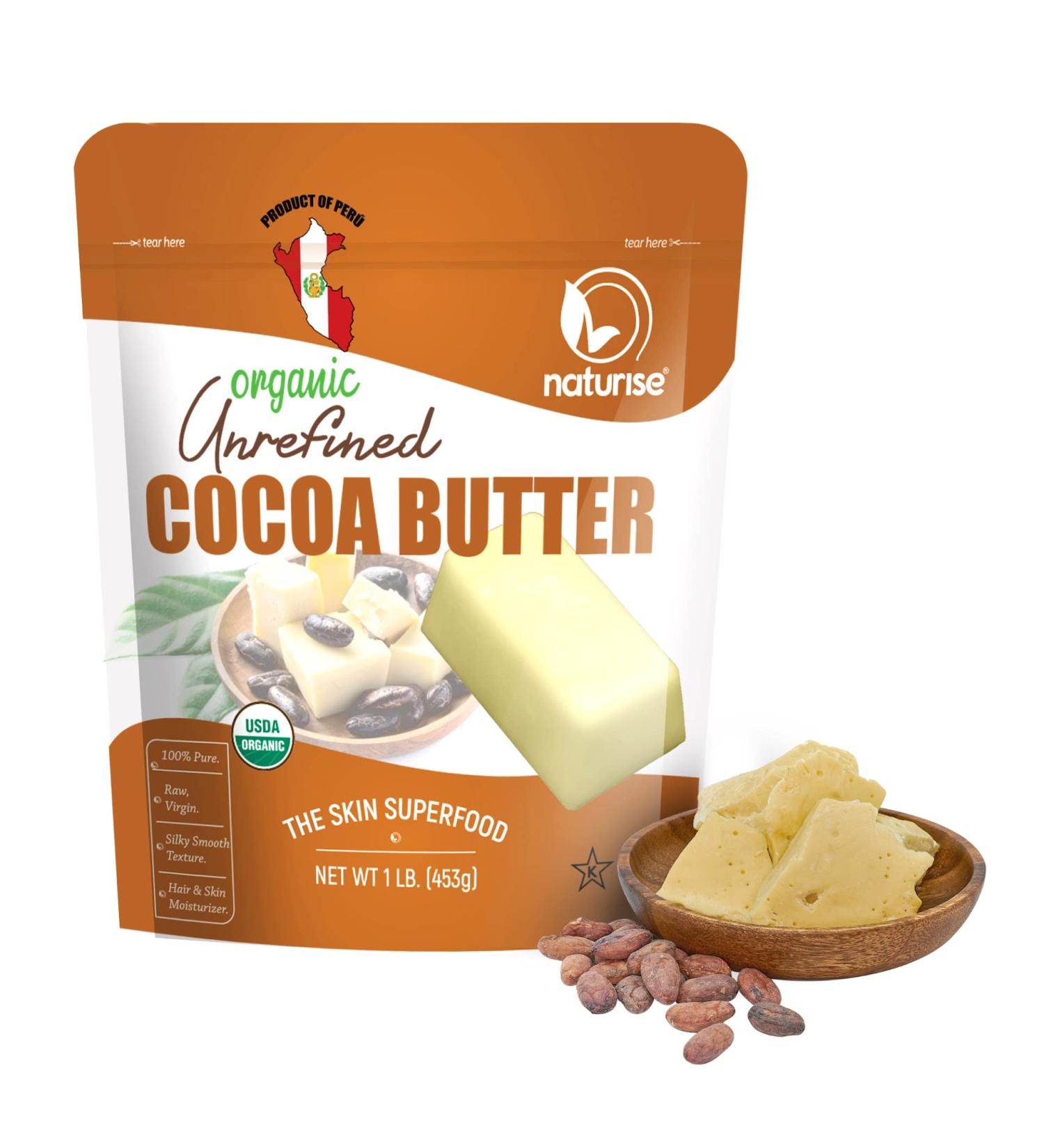 Naturise Raw Organic Cocoa Butter from Peru - 1lb | For Hair, Skin, Lip Balm & Body Butter | No GMOs or Fillers - Buy Online on GoSupps.com