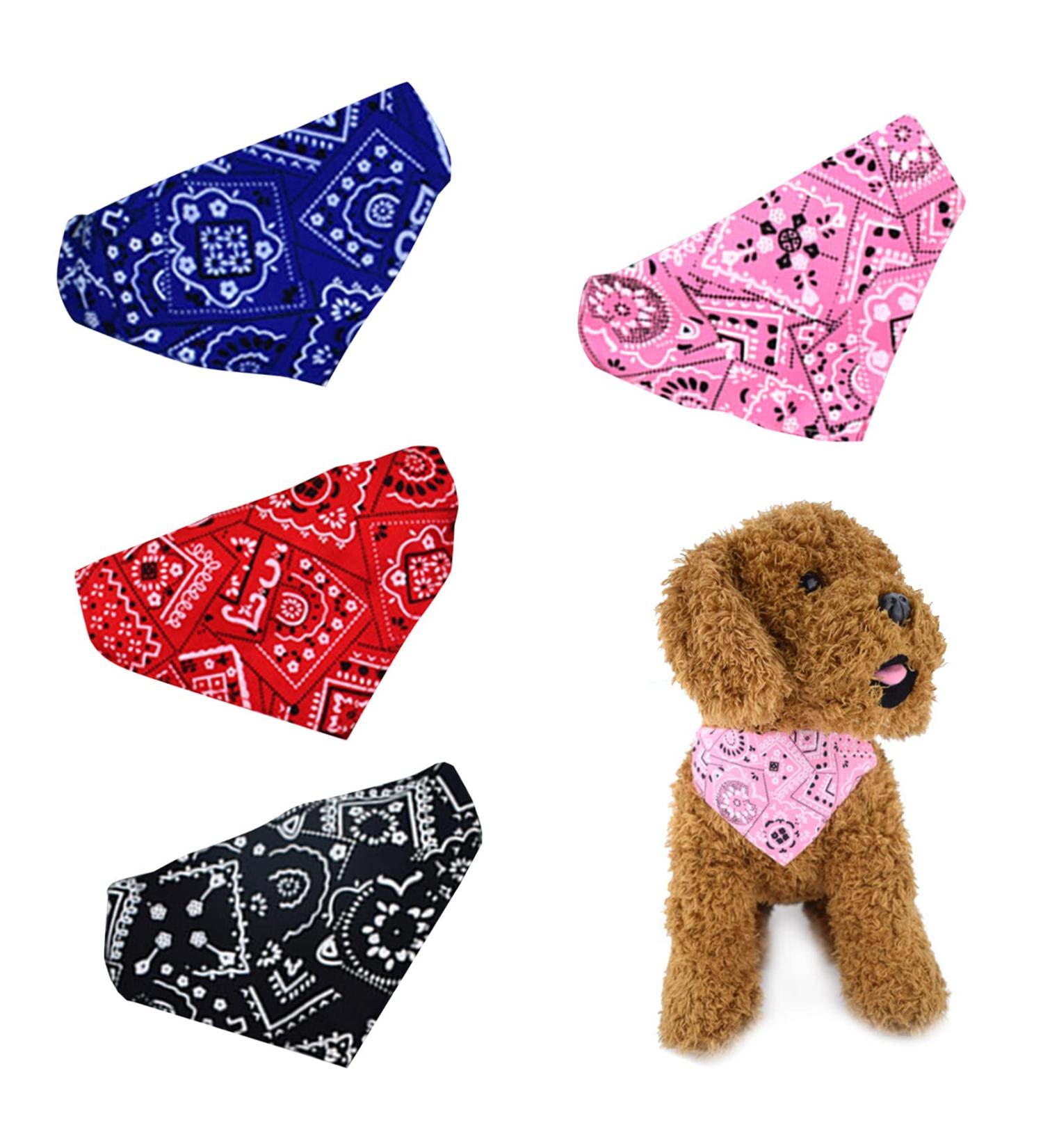 4-Piece Adjustable Dog Bandana Set - Stylish Polyester Neckerchiefs & Towels for Small & Medium Dogs & Cats | Pink Black Dark Blue Red - Buy Online on GoSupps.com