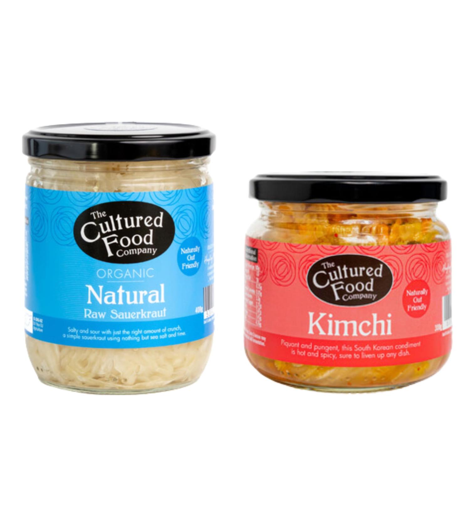 The Cultured Food Company Natural Sauerkraut (400g) & Kimchi (300g) pack - Probiotic-Rich Gluten-Free Fermented Foods for Digestive Health & Immunity Support - Unpasteurised Organic Ingredients - Buy Online on GoSupps.com