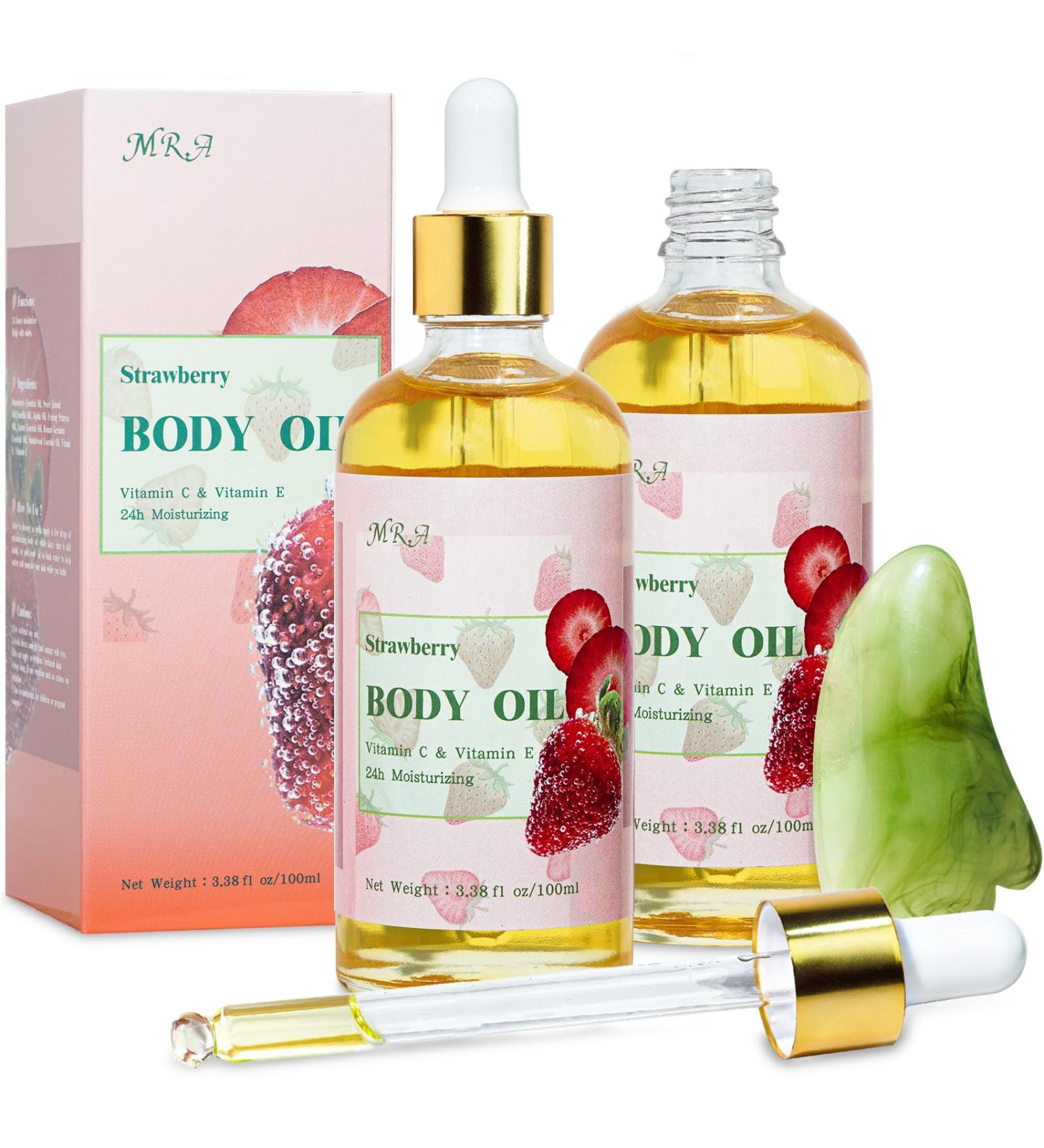 MR.A 2 Pack Strawberry Body Oil Juice Scented Vitamin E Body Oil after Shower Strawberry Shortcake Body Moisturizer Bath Oil for Dry Skin Guasha Oil with Guasha Tool - Buy Online on GoSupps.com