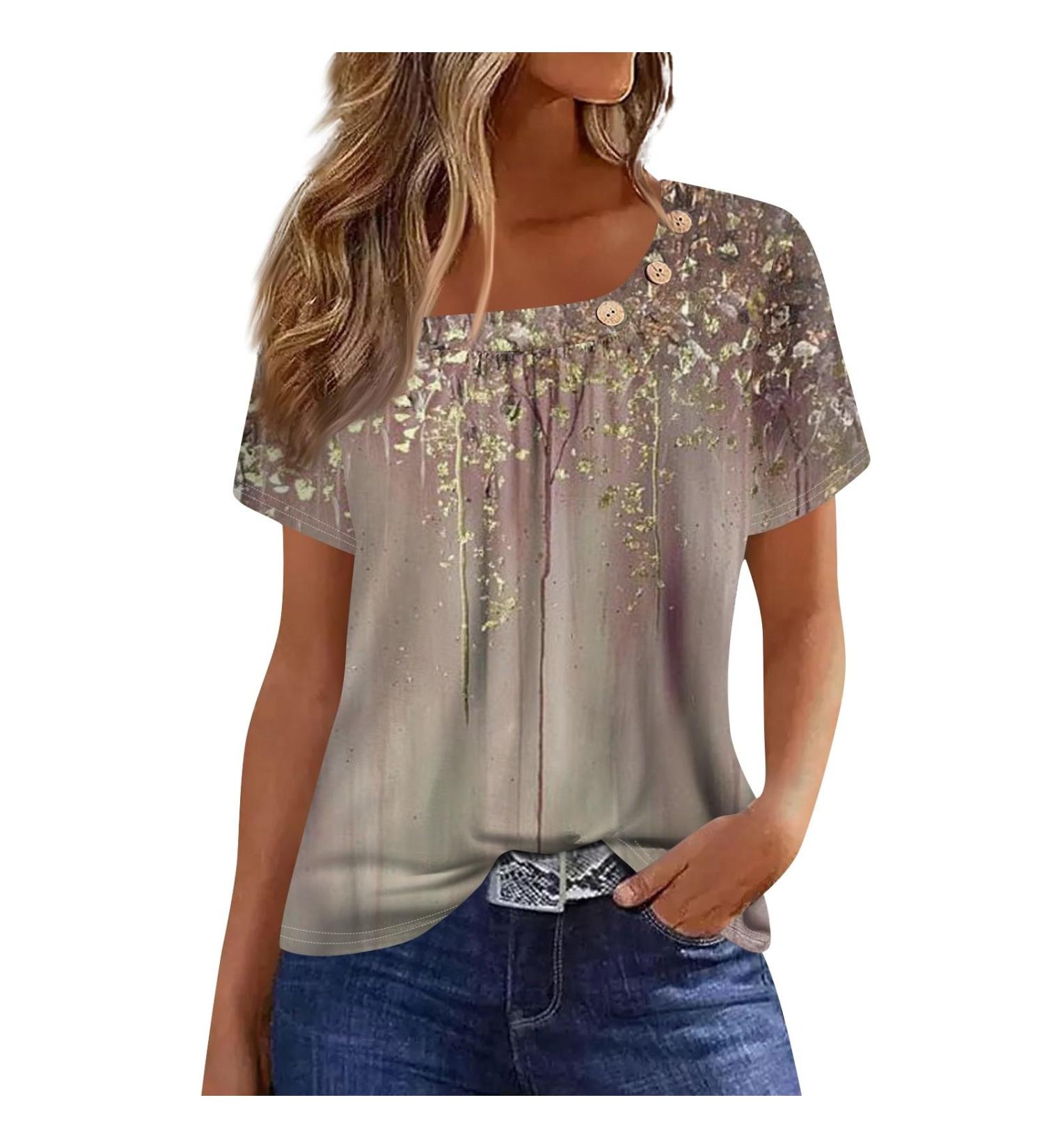 Women's Asymmetrical Summer Blouse - Floral Pattern Short Sleeve T-Shirts Loose Fit 3XL Khaki | Festive Tops & Sports Shirts - Buy Online on GoSupps.com