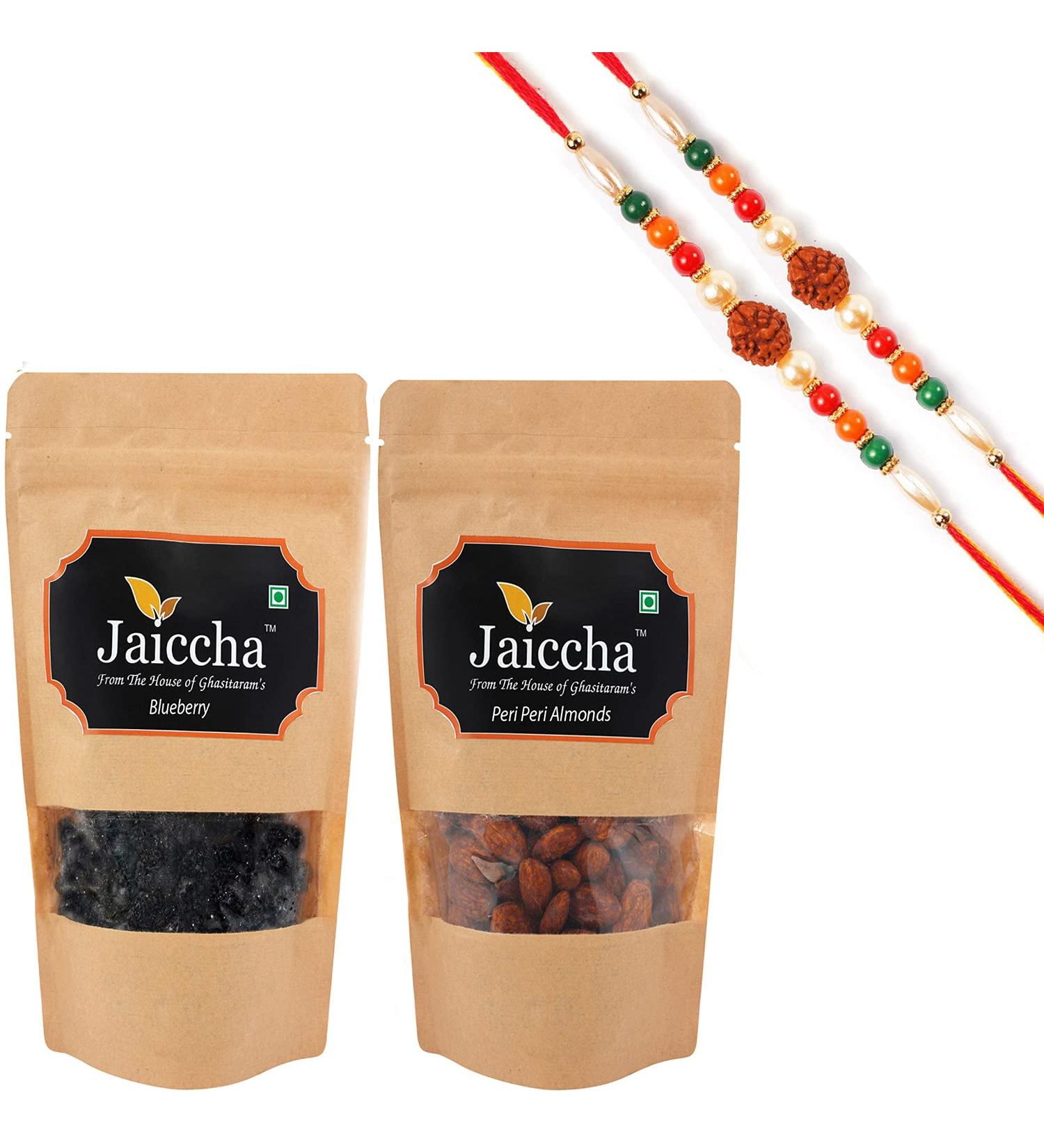 Jaiccha Ghasitaram Rakhi Gifts for Brothers Rakhi Dryfruits - Blueberry 100 GMS and Peri Peri Almonds 100 GMS Pouch with 2 Rudraksh Rakhis - Buy Online on GoSupps.com