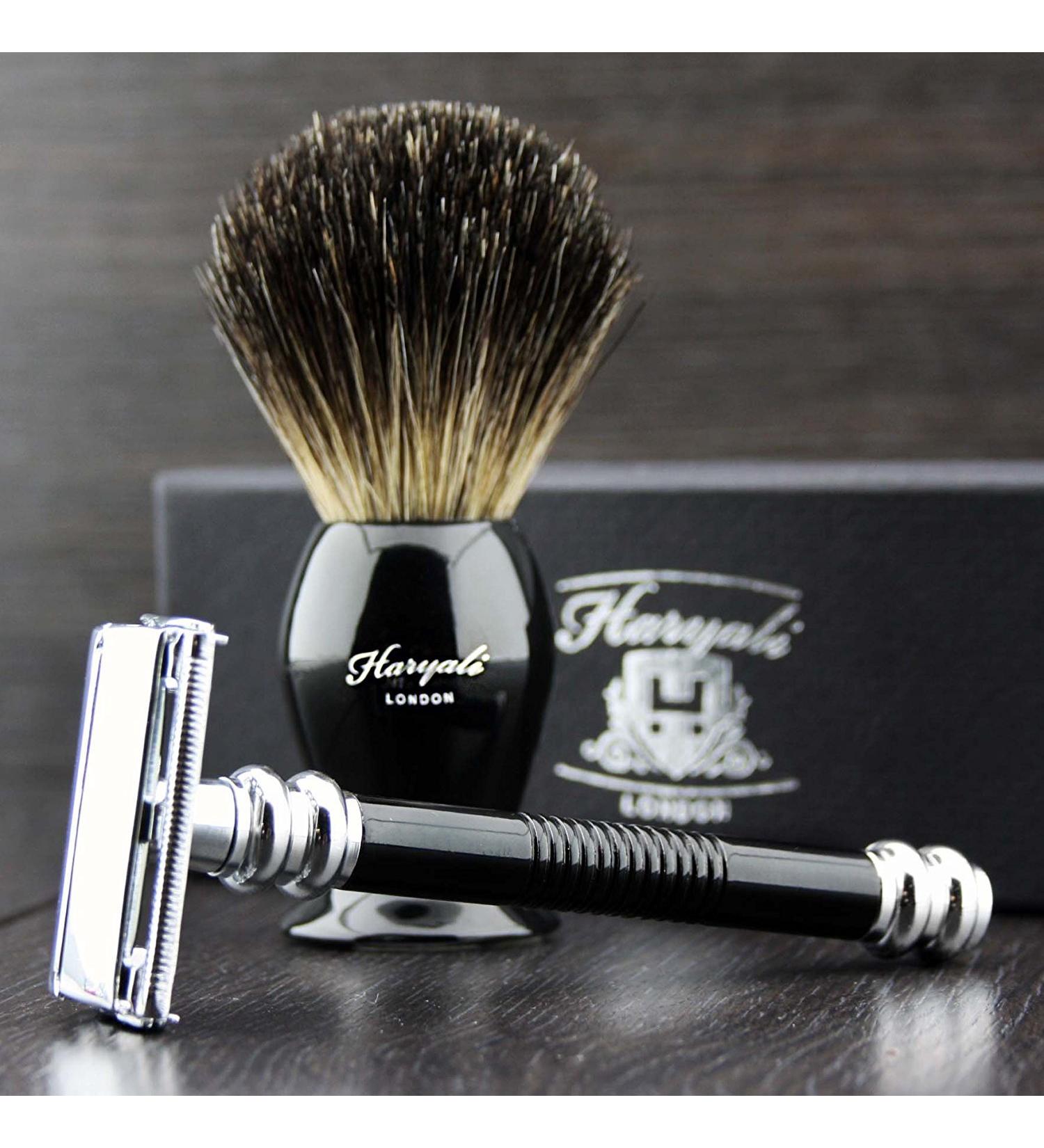 Pure black 2 pieces of men shaving set with black roof hair brush & butterfly twist de razor plane.Perfect for daily use
