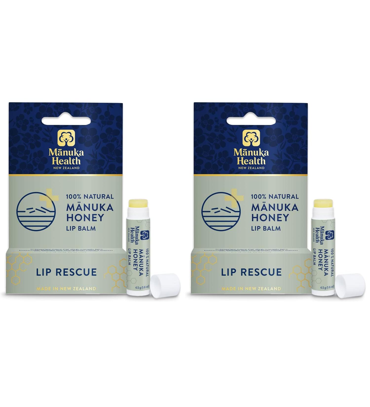 Manuka Health Lip Rescue - 0.16 oz Lip Balm for Dry Cracked Lips - 100% Natural Lip Balm with MGO 250+ Manuka Honey and Beeswax Provides Potent Lip Care (Pack of 2)