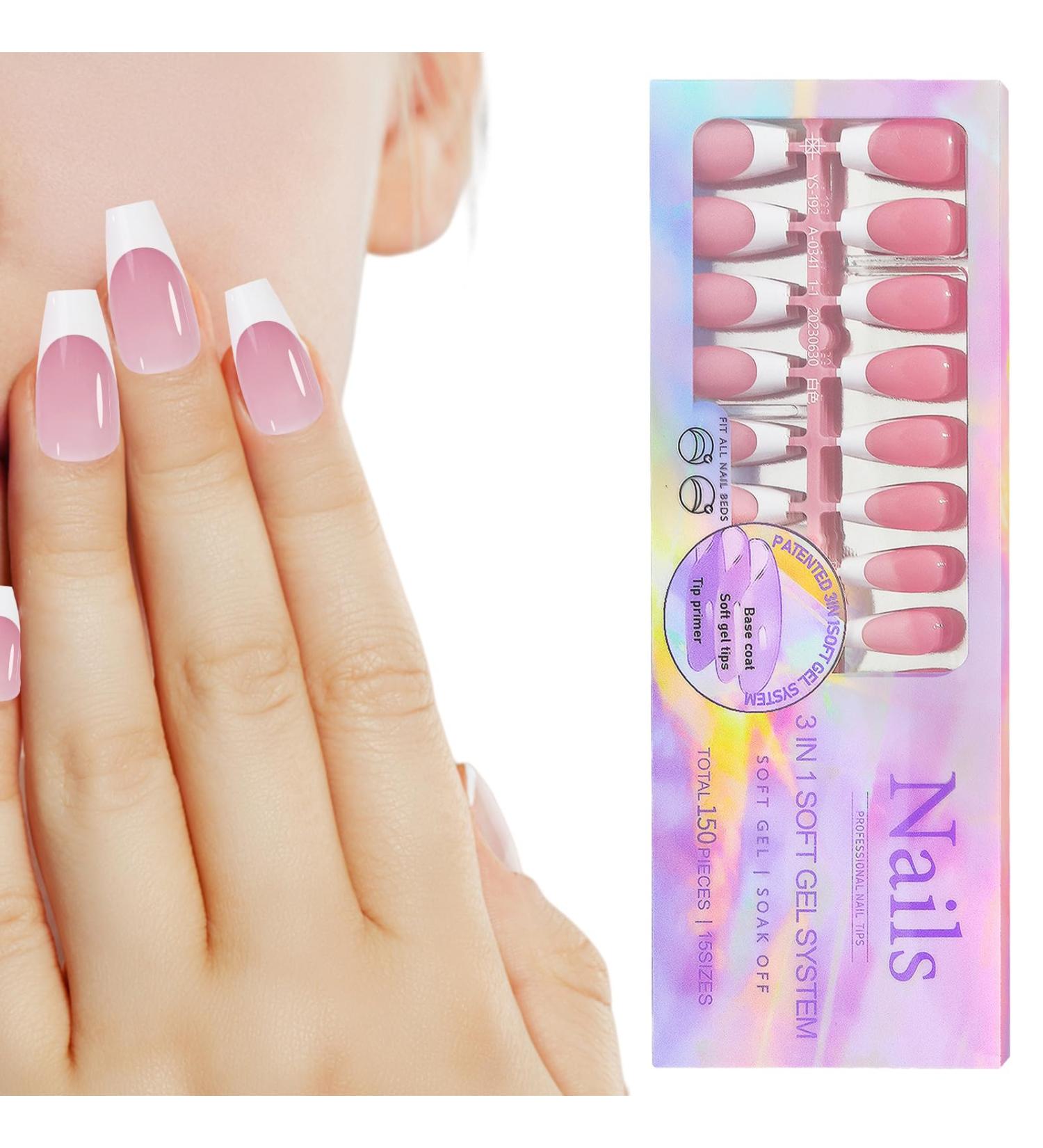 Stick on Full Nails | -Adhesive Trendy False Nails with White French Tips | Products for Wedding Gathering Home Dating Traveling 01 - Buy Online on GoSupps.com