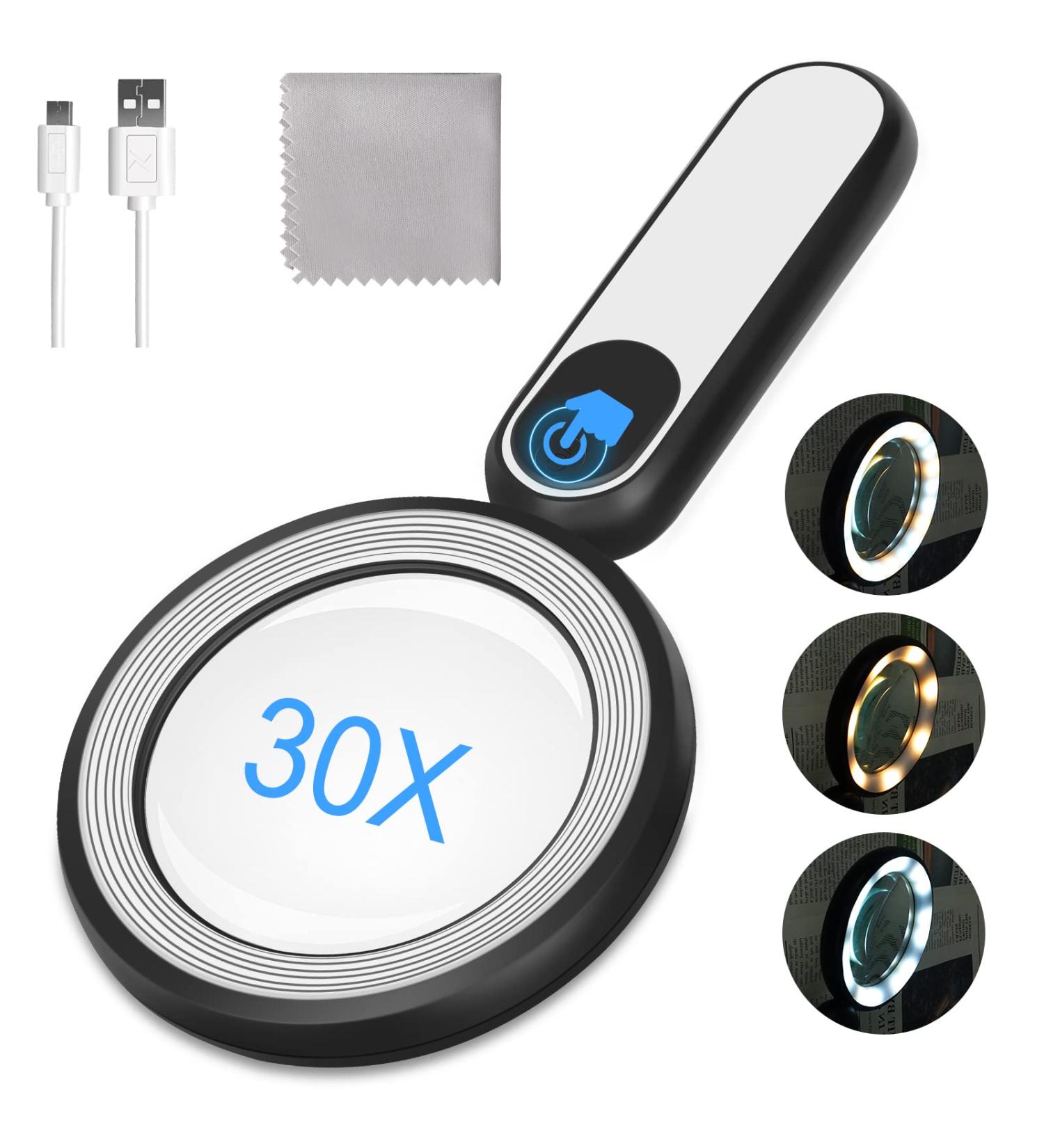 Ardir Rechargeable Magnifying Glass with Light 30X 4.7IN - Handheld Large Lightweight Magnifier with 21 LED, 3 Modes - Ideal for Kids, Seniors, Reading, Inspection, Coin and Jewelry - Black & White - Buy Online on GoSupps.com