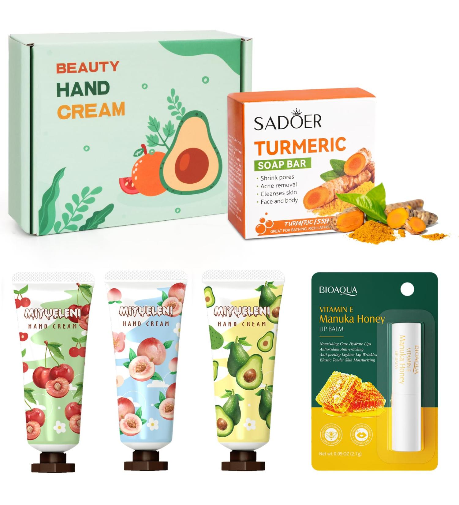 Mini Hand Cream Gift Set for Women: 3 Fruity Hand Cream Organic Turmeric Soap Honey Lip Balm Travel Hand Lotion for Dry Cracked Hands Moisturizing Hand Cream Bulk Gift Set for Women Birthday Christmas - Buy Online on GoSupps.com