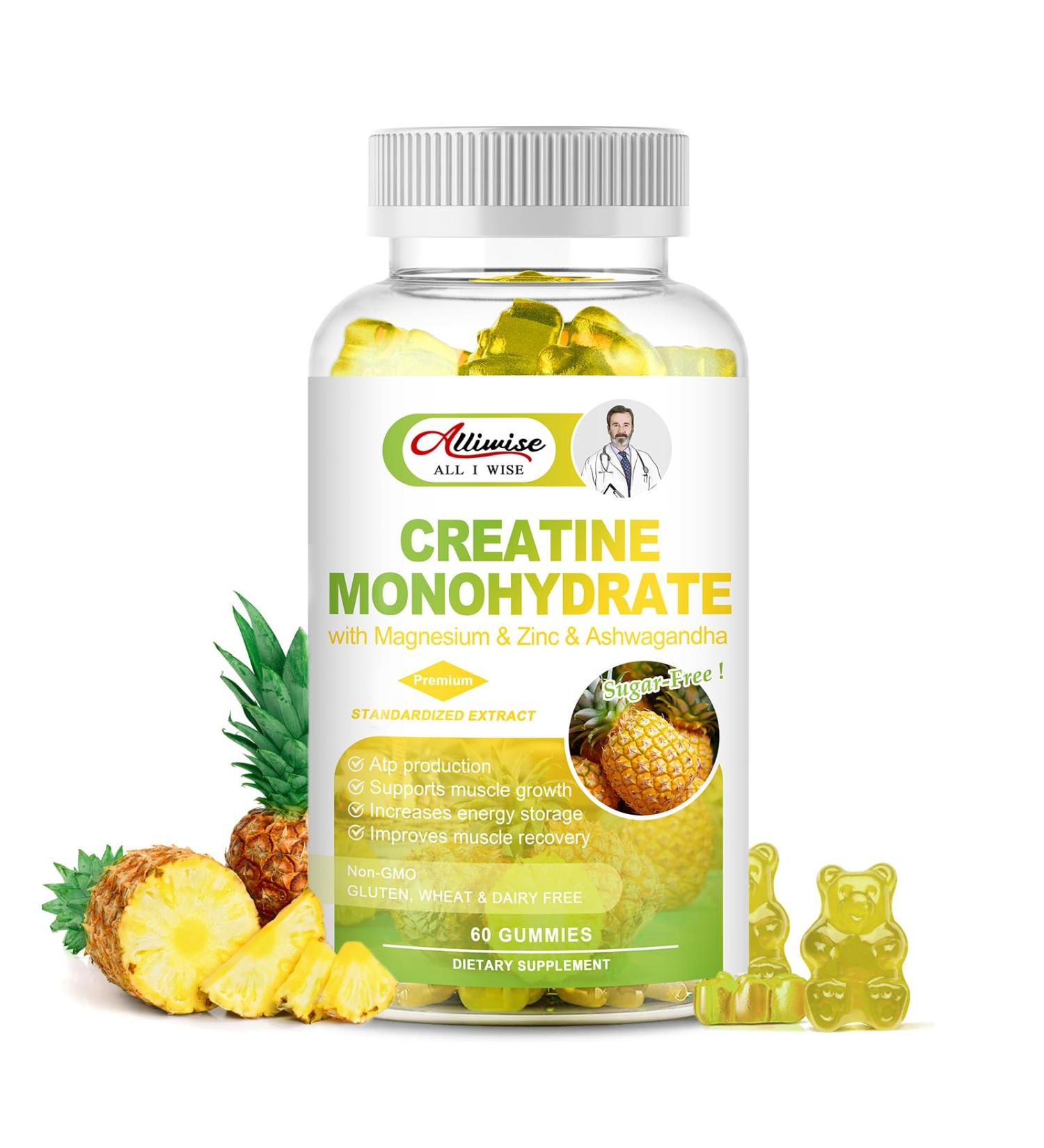 Buy Sugar-Free Creatine Monohydrate Gummies for Men & Women - Muscle Builder Energy & Pre Workout Support with Magnesium Zinc & Ashwagandha - Pineapple Flavor - Buy Online on GoSupps.com
