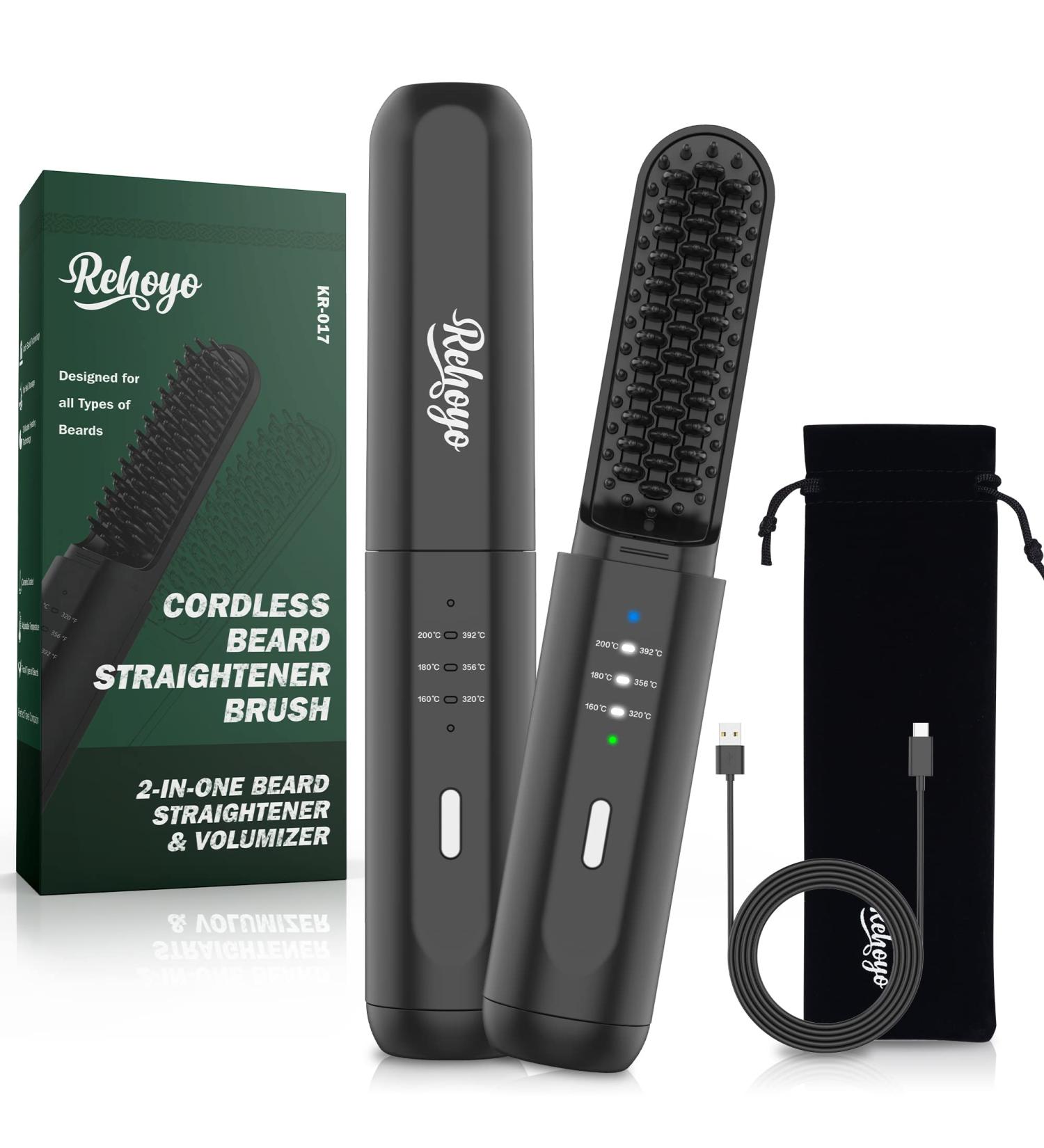 REHOYO Cordless Beard Straightener Brush - Anti-Scald, Ionic Technology, 3 Temp Settings - Portable Straightening Comb for Men's Hair, Beard - Black - Buy Online on GoSupps.com