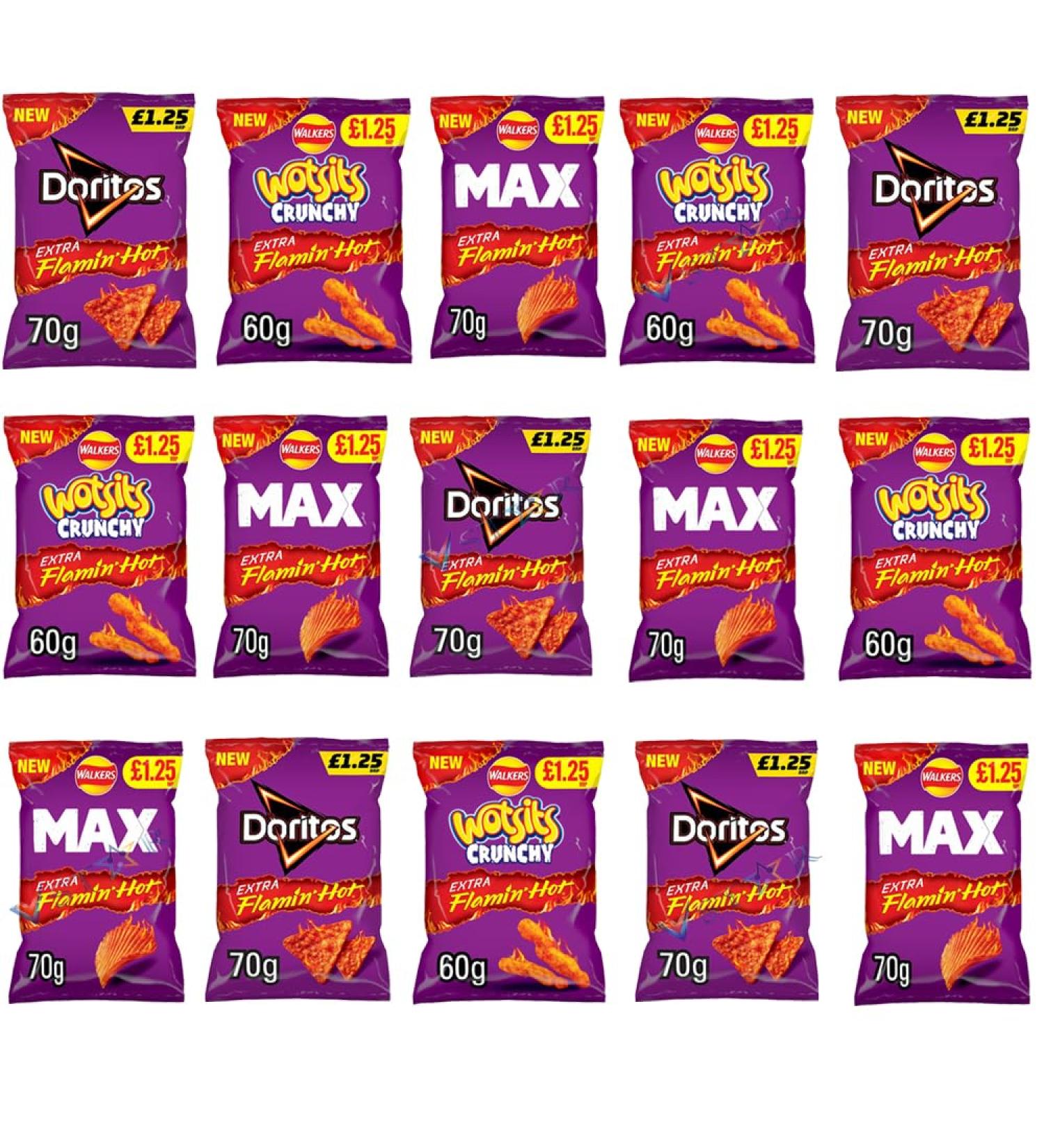 Walkers New Extra Flamin' Hot Snacks Extra Hot Xtra Spicy Crisps Multipacks PM 1.25 (Pack of 12 Random Mixed)