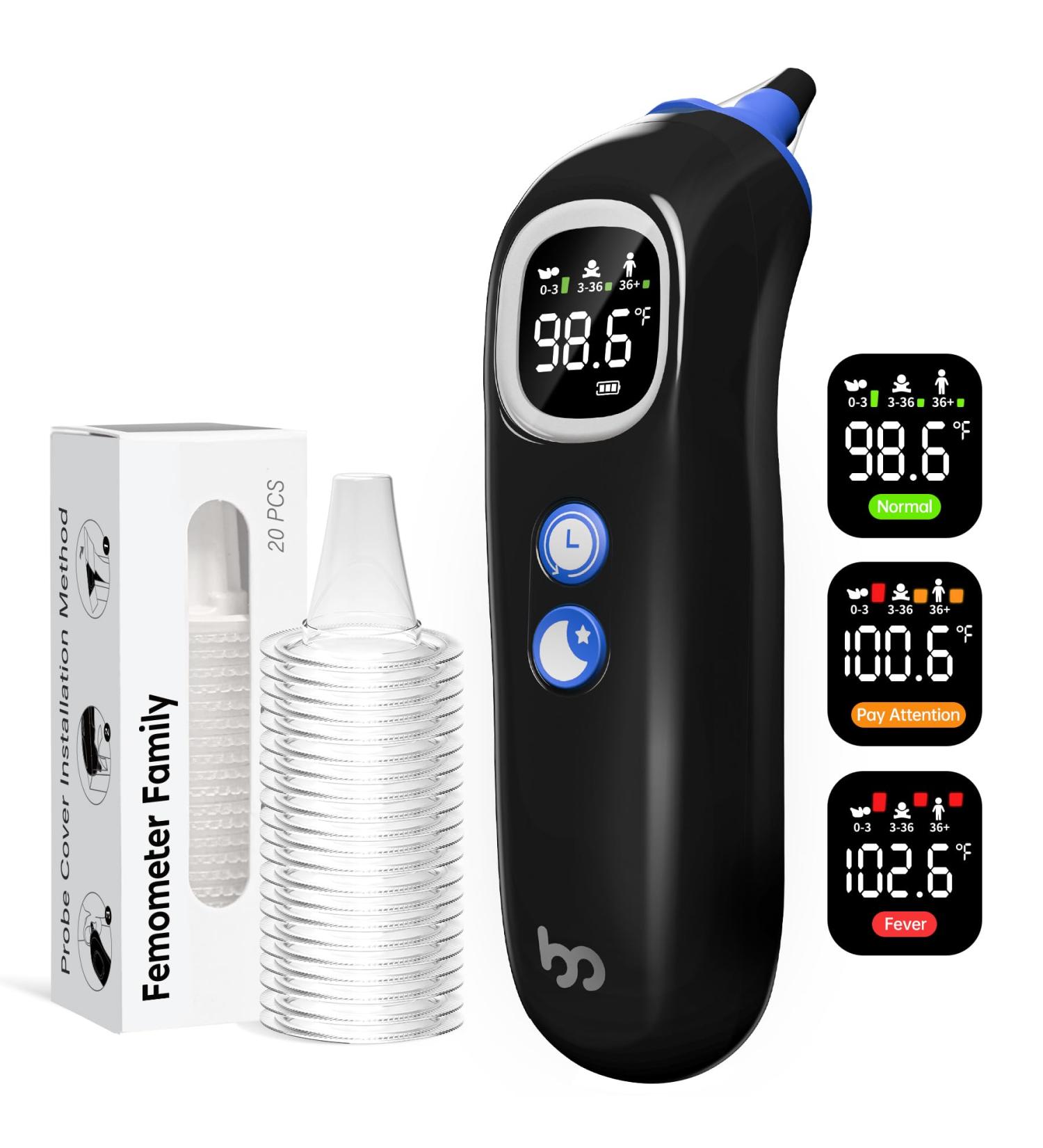 High Accuracy Ear Thermometer for Babies Kids & Adults | 32 Memory Recall LED Backlit Mute Function Night Light & 21 Disposable Probe Covers - Black - Buy Online on GoSupps.com