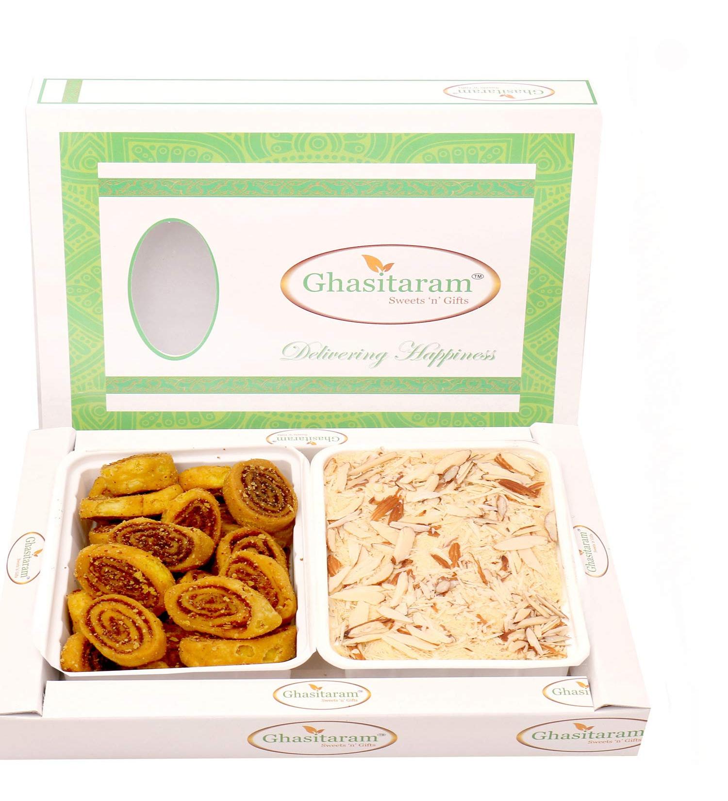 Ghasitaram Gifts Diwali Gifts Diwali Hamper Sweet Hampers - Bhakar Wadi and Soan Papdi Hamper Diwali Gifts Bhakar Wadi and Soan Papdi Hamper - Buy Online on GoSupps.com