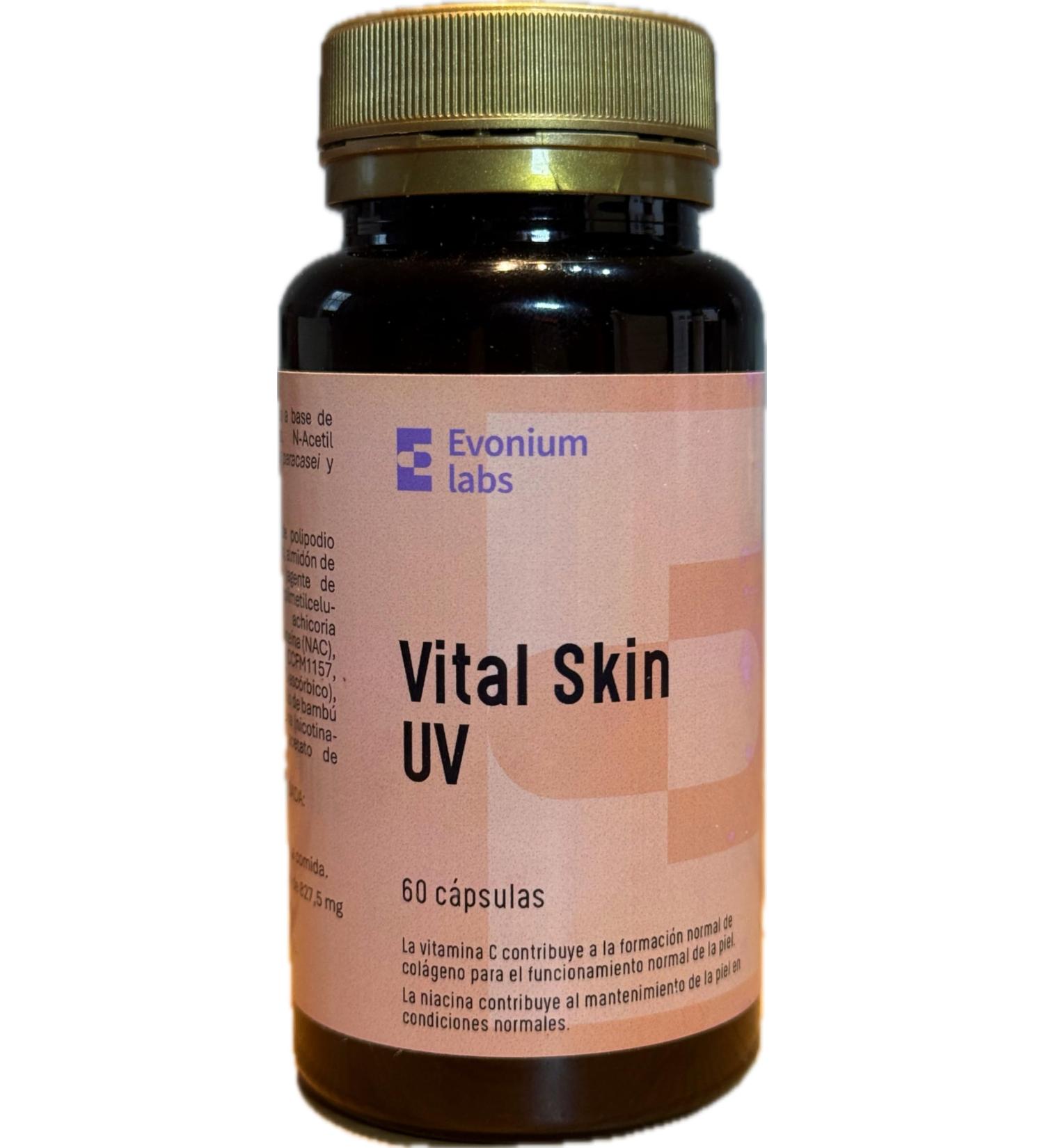 Evonium Labs Vital Skin UV (60 Capsules) Oral Sunscreen (UVA UVB and Blue Light) with Probiotics Polypodium Leucotomes Vitamin C E Niacin Enhances and Prolongs Tan - Buy Online on GoSupps.com