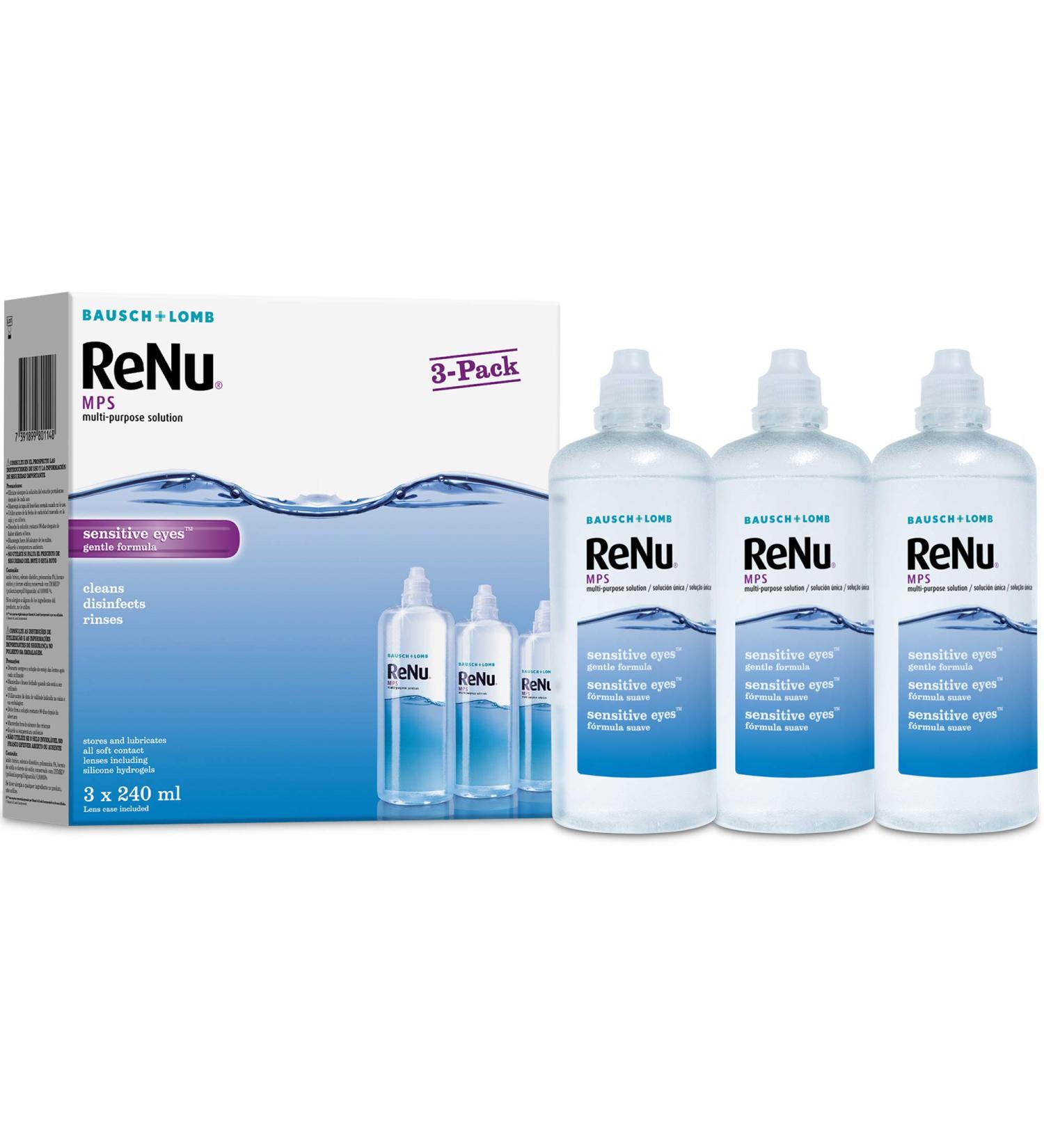 ReNu Multi-Purpose Contact Lens Solution 3 x 240ml - Soft Contact Lenses for Comfortable Wear - Gentle on Sensitive Eyes - Clean Disinfect Rinse Lubricate and Store your Lens - Lens Case Included 240 ml (Pack of 3) - Buy Online on GoSupps.com