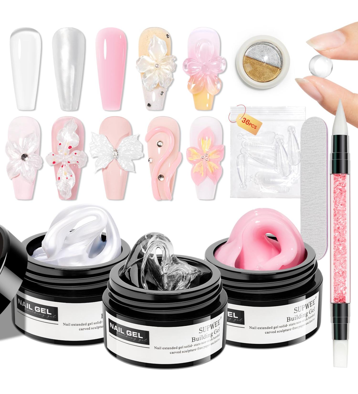  SUPWEE 3D Nail Art Gel Clear Pearl Pink Non Adhesive Nail Art with Chrome Powder and Silicone Brush Sculpting Nail Art for Patterns Embossing Hard Mnicure 14g - Buy Online on GoSupps.com