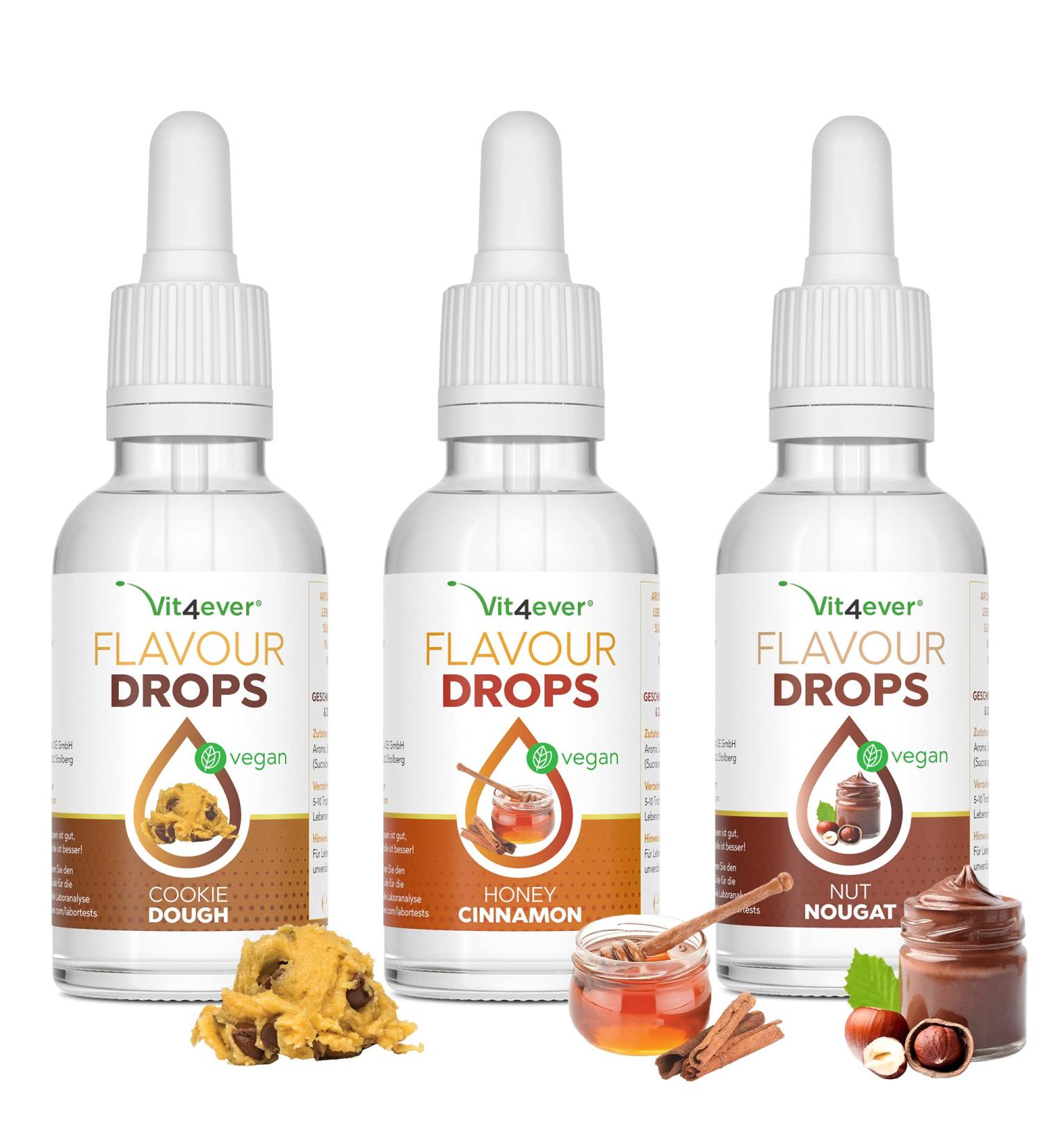 Flavor Drops 3x50ml Bundle - Zero Calorie Taste: Cookie Dough Honey Cinnamon & Nut Nougat - Shop Basic 5 for International Shipping - Buy Online on GoSupps.com