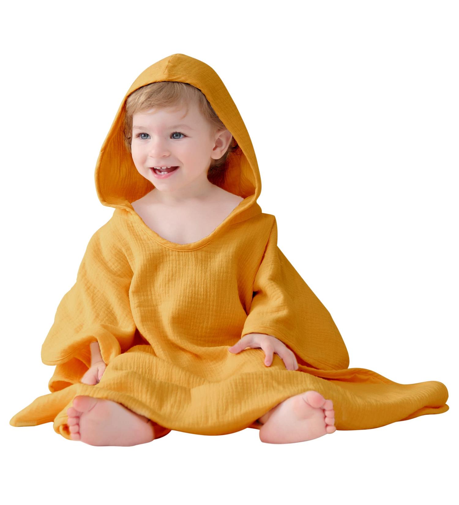 Premium 100% Cotton Musselin Kids Bath Poncho | Super Absorbent Hooded Towel for Babies & Children (64x60cm Orange) - Buy Online on GoSupps.com