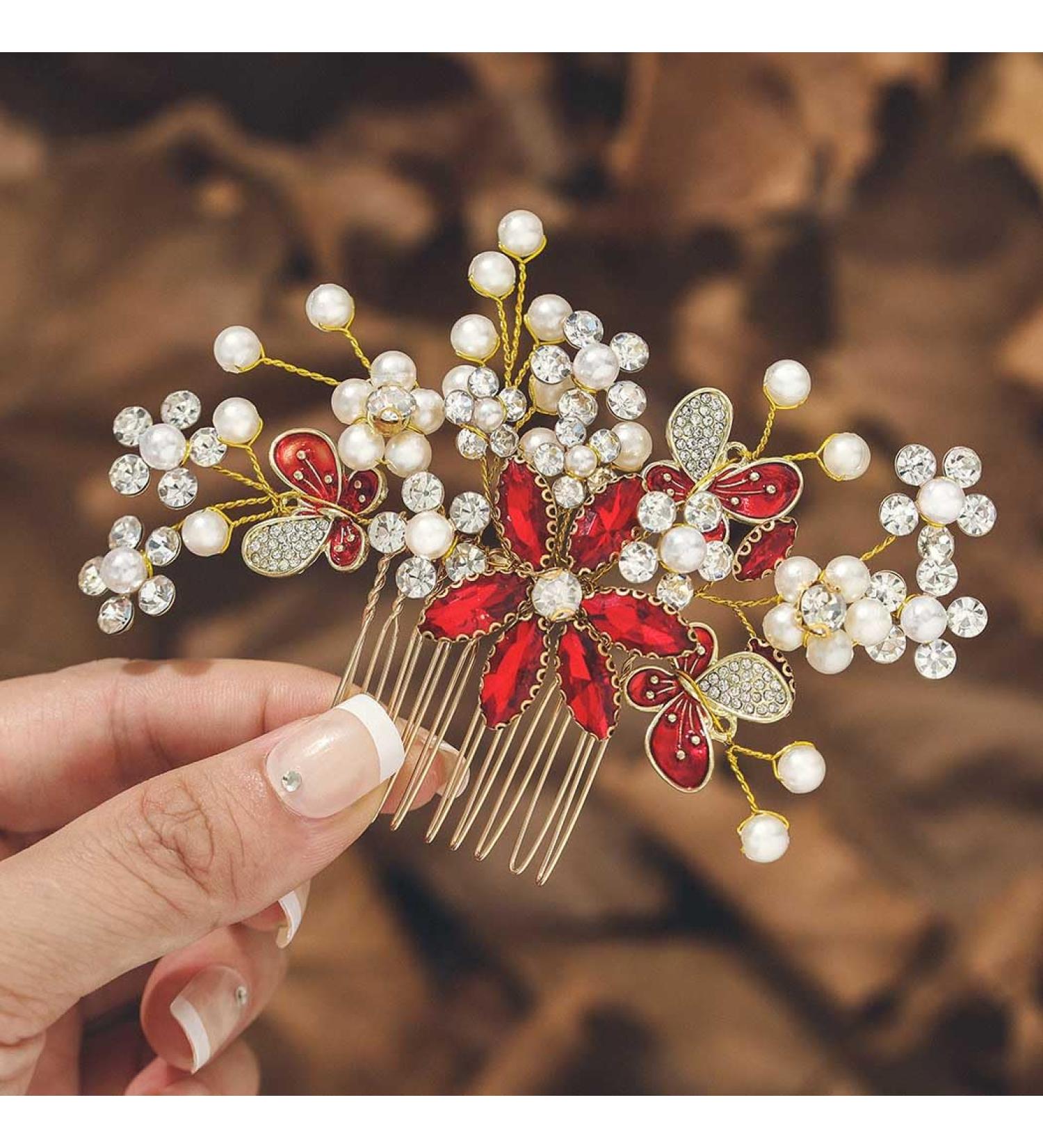 IYOU Women Bridal Hair Combs Red Flower Wedding Sides Comb Sparkly Crystal Headpiece Prom Party Hair Accessories for Bride and Bridesmaid - Buy Online on GoSupps.com